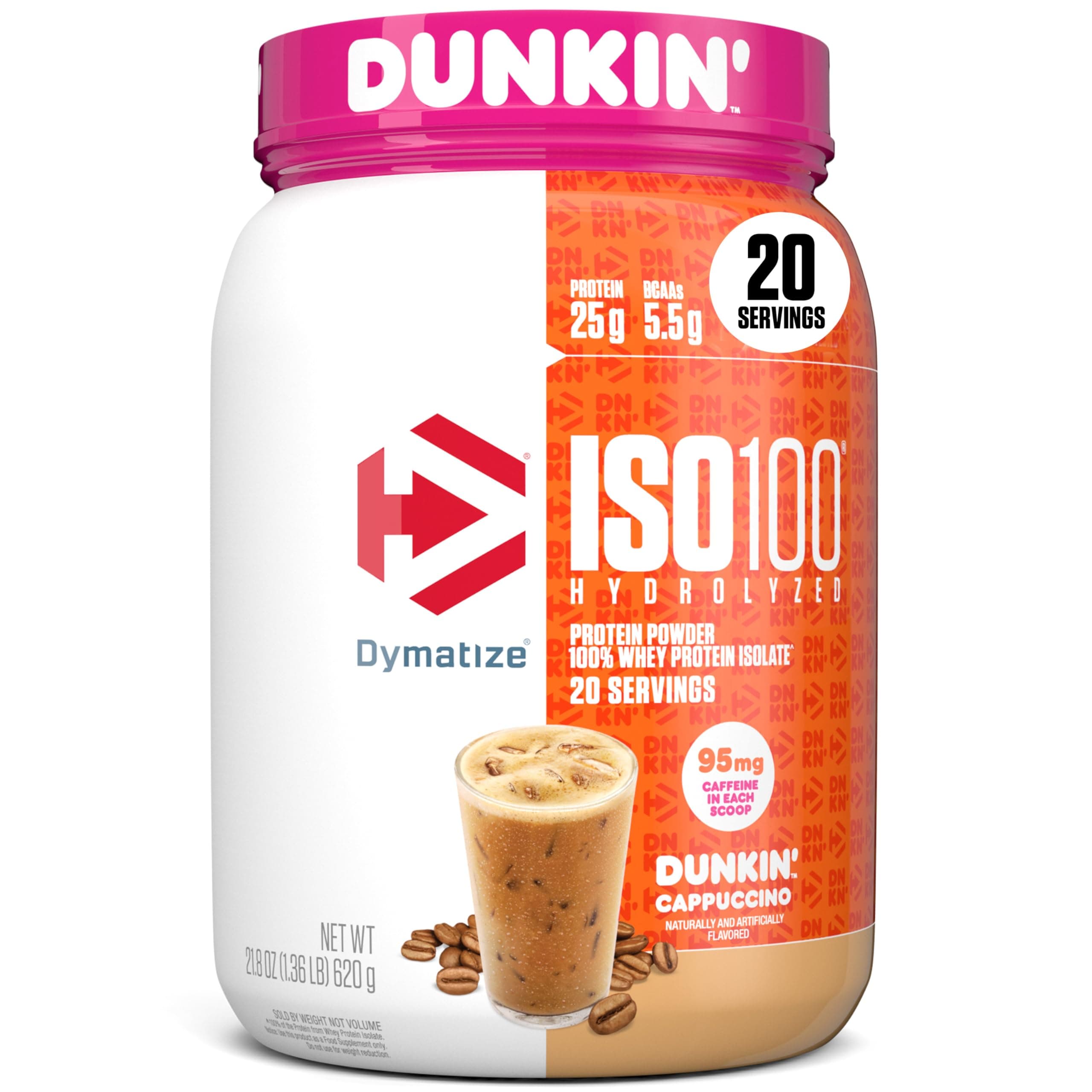 x Dunkin' Cappuccino ISO100 Whey Protein Powder, 95mg Caffeine, 25g of Protein5.5g BCAAs, 120 Cal., Gluten Free, 1g Fat, 1g Sugar, 2g Carb (20 Servings)