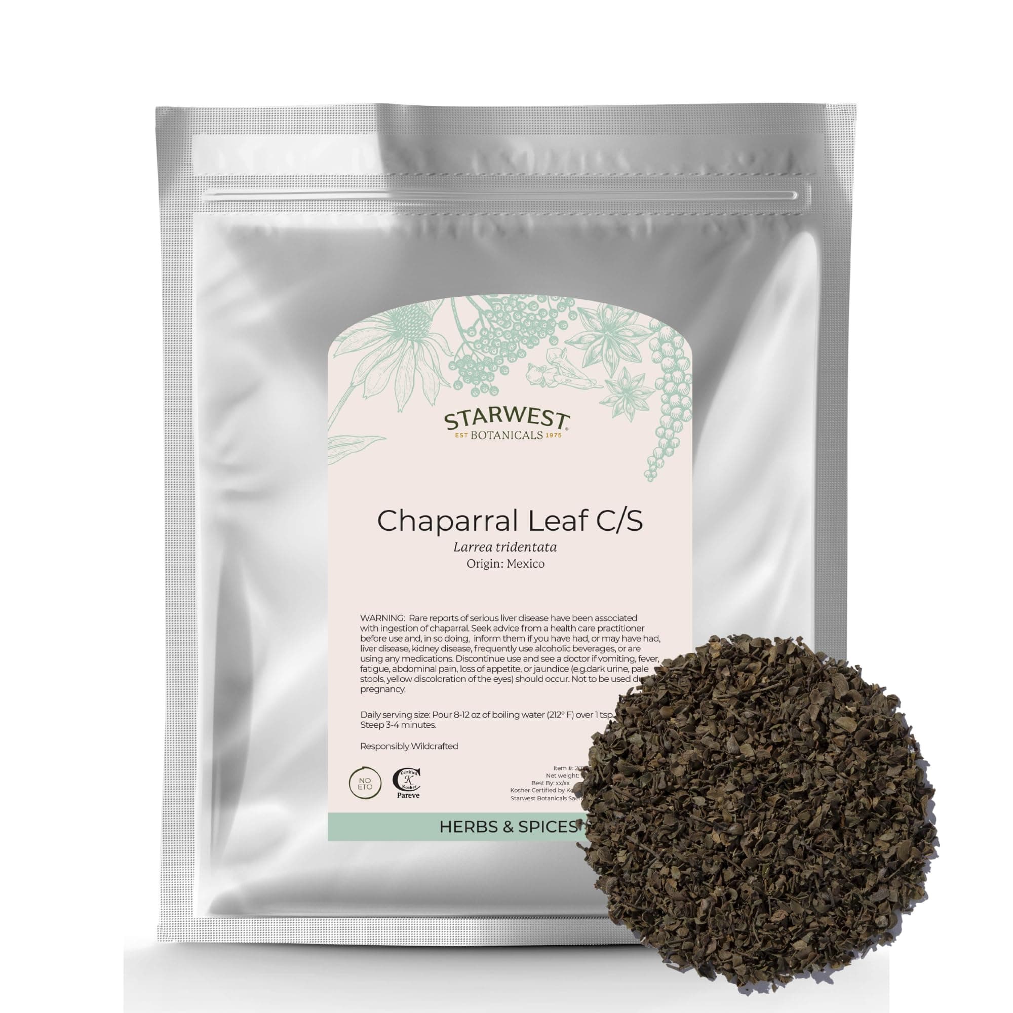 Starwest Botanicals Wildcrafted Chaparral Leaf - Dried Loose Leaf Herb for Tea, Sourced from Creosote Bush, Natural Wellness Support for Women & Men, Cut & Sifted, Certified Kosher - Bulk 1 lb Bag