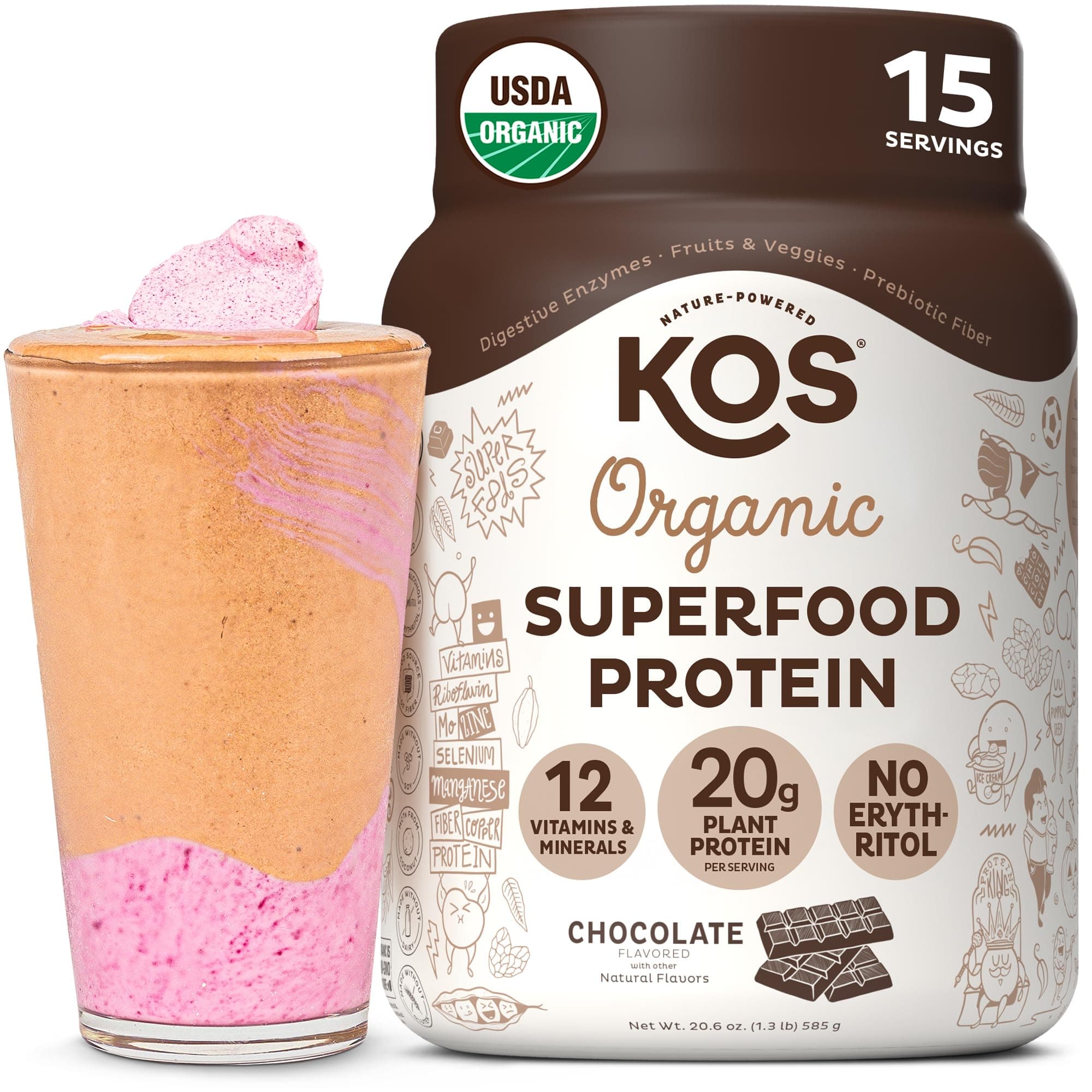 KOS Plant Based Protein Powder, Chocolate USDA Organic - Low Carb Pea Protein Blend, Vegan Superfood with Vitamins & Minerals - Keto, Soy, Dairy Free - Meal Replacement for Women & Men - 15 Servings