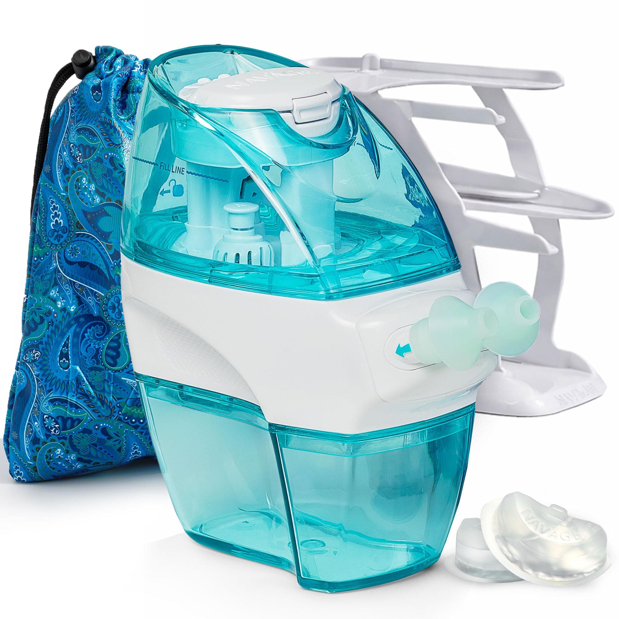 Navage Deluxe Bundle - Navage Nasal Irrigation System - Saline Nasal Rinse Kit with 1 Navage Nose Cleaner, 30 Salt Pods, Paisley Travel Bag and 1 Countertop Caddy