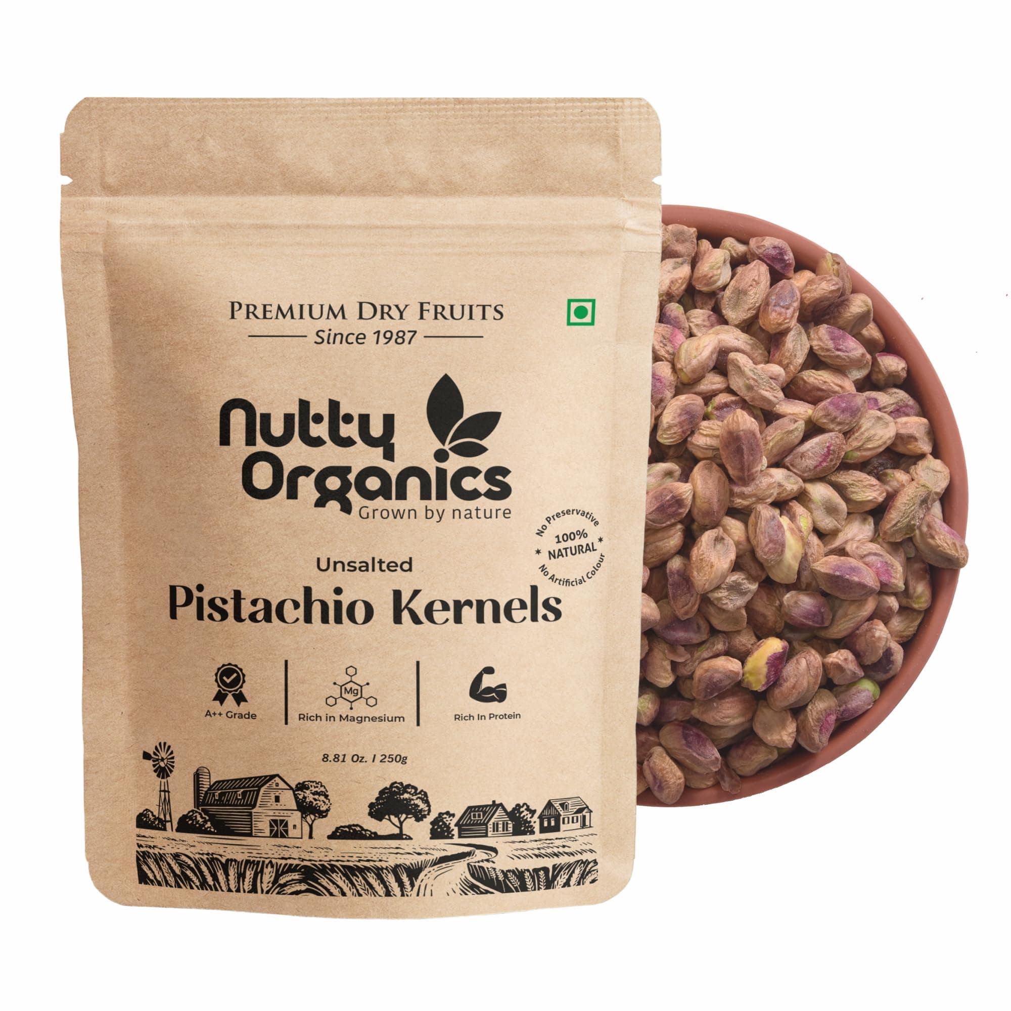 Nutty Oraganics Premium Unsalted Whole Pista Kernels - 250G | Fresh & Crunchy | (Grade A ++ Nuts, Premium Jumbo Size) - Air Tight Pouch