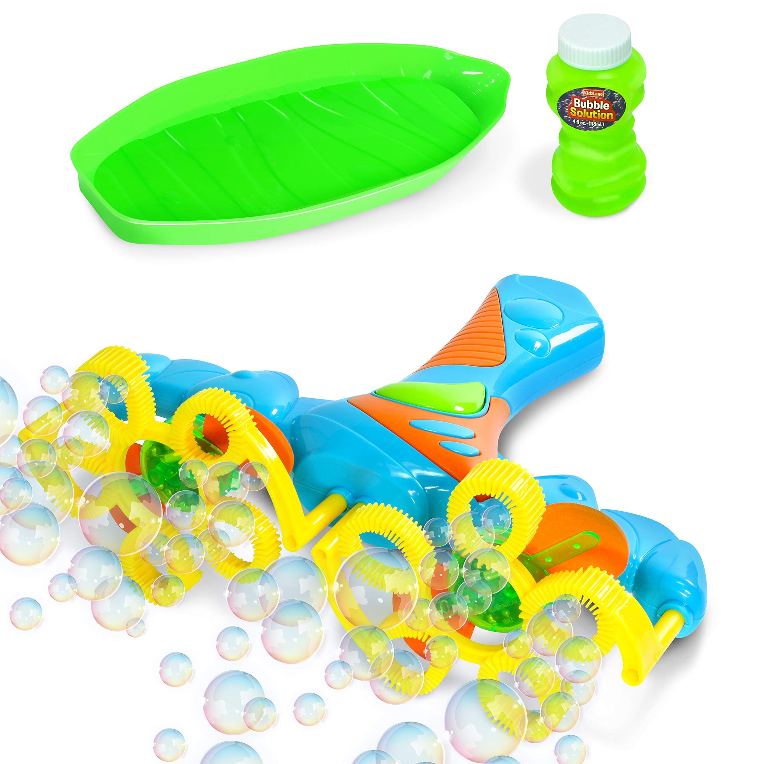 KidzlaneLight-Up Bubble Blaster Wand for Kids (Toy Gun) Multicolor Spinning Effects, 10 Streams, Thousands of Bubbles Includes 120ml of Solution Ages 3+