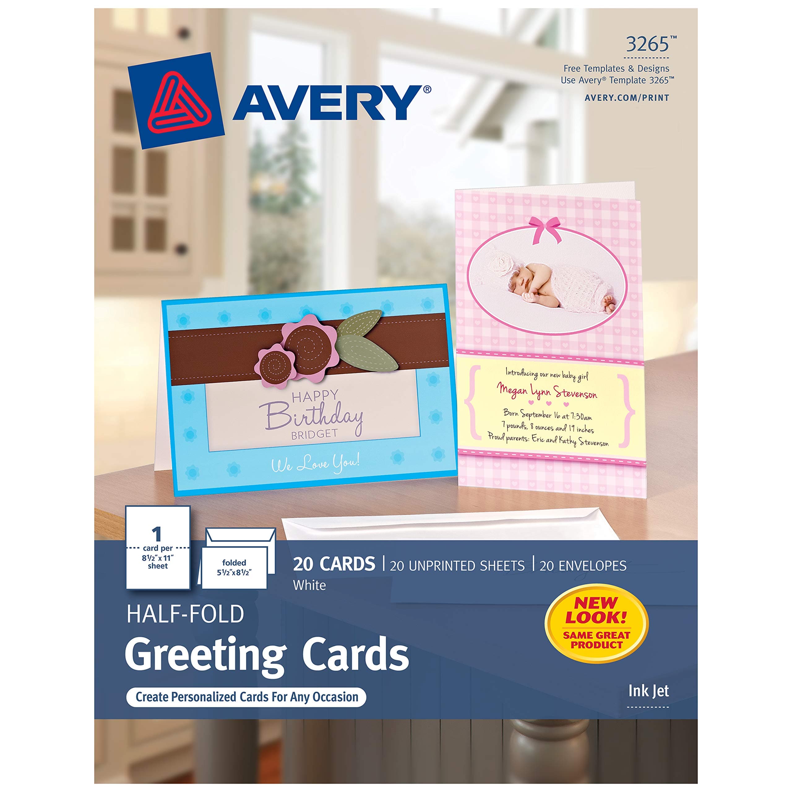 Avery Greeting Cards, Inkjet Printers, 20 Blank Cards and Envelopes, 5.5 x 8.5, Folded (3265)