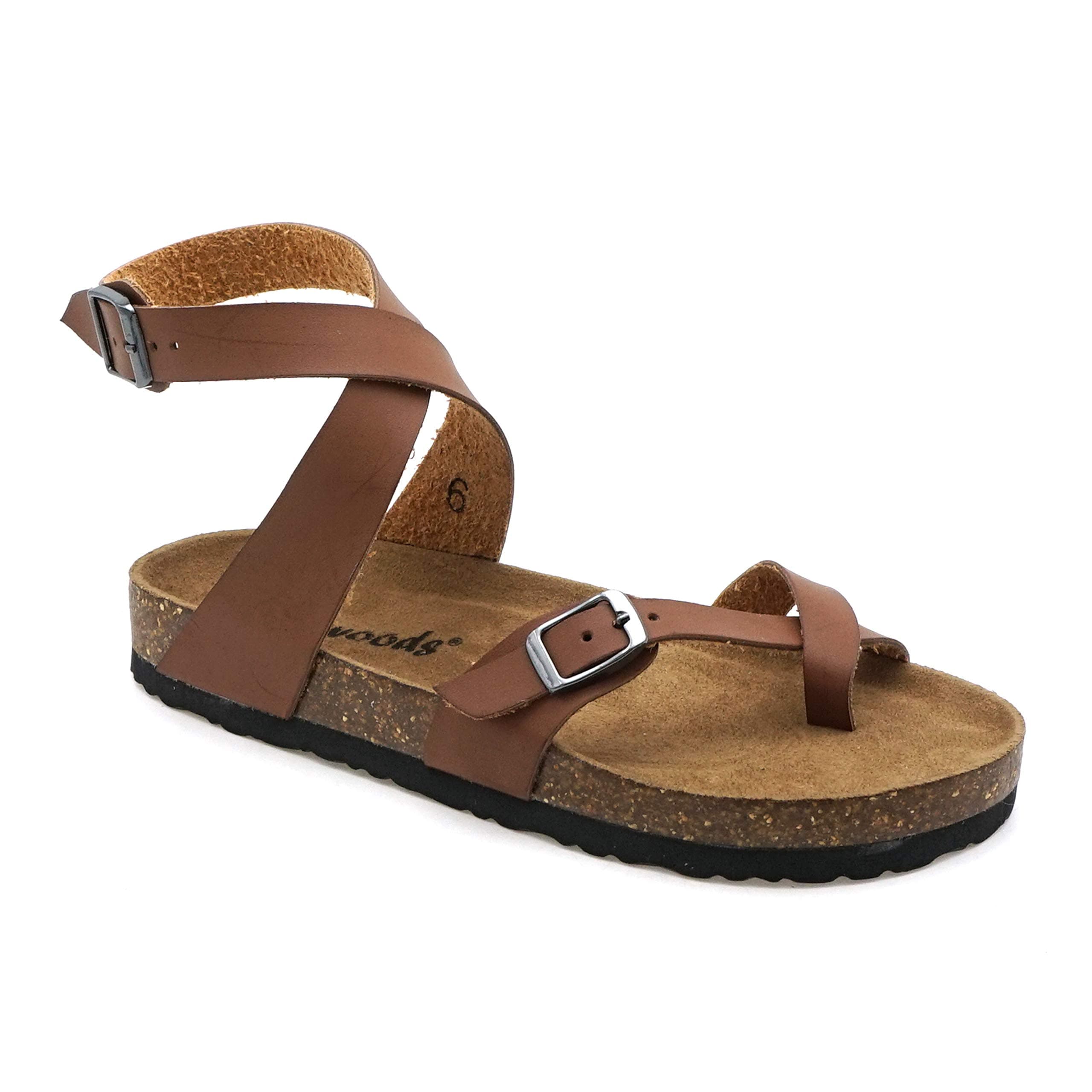 OUTWOODS Women's Bork-39 Vegan Leather Adjustable Ankle Strap Toe Loop Sandals,Brown, 10M