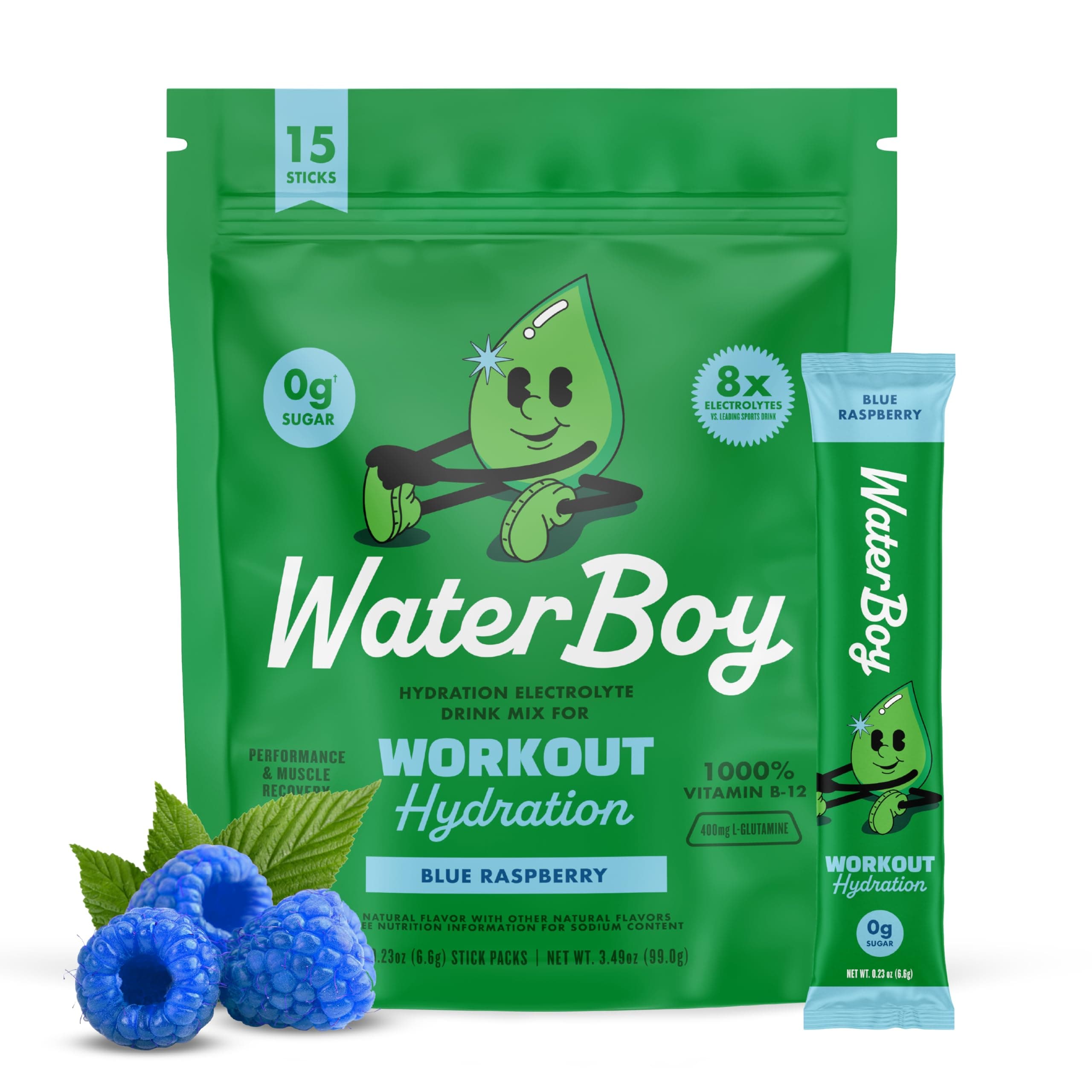 Waterboy Workout Hydration | 2,960mg Sugar Free Electrolyte Powder Packets | L-Glutamine + Vitamins | No Sugar, All Natural, Gluten Free | 15 Drink Stick Mixes (Blue Raspberry)