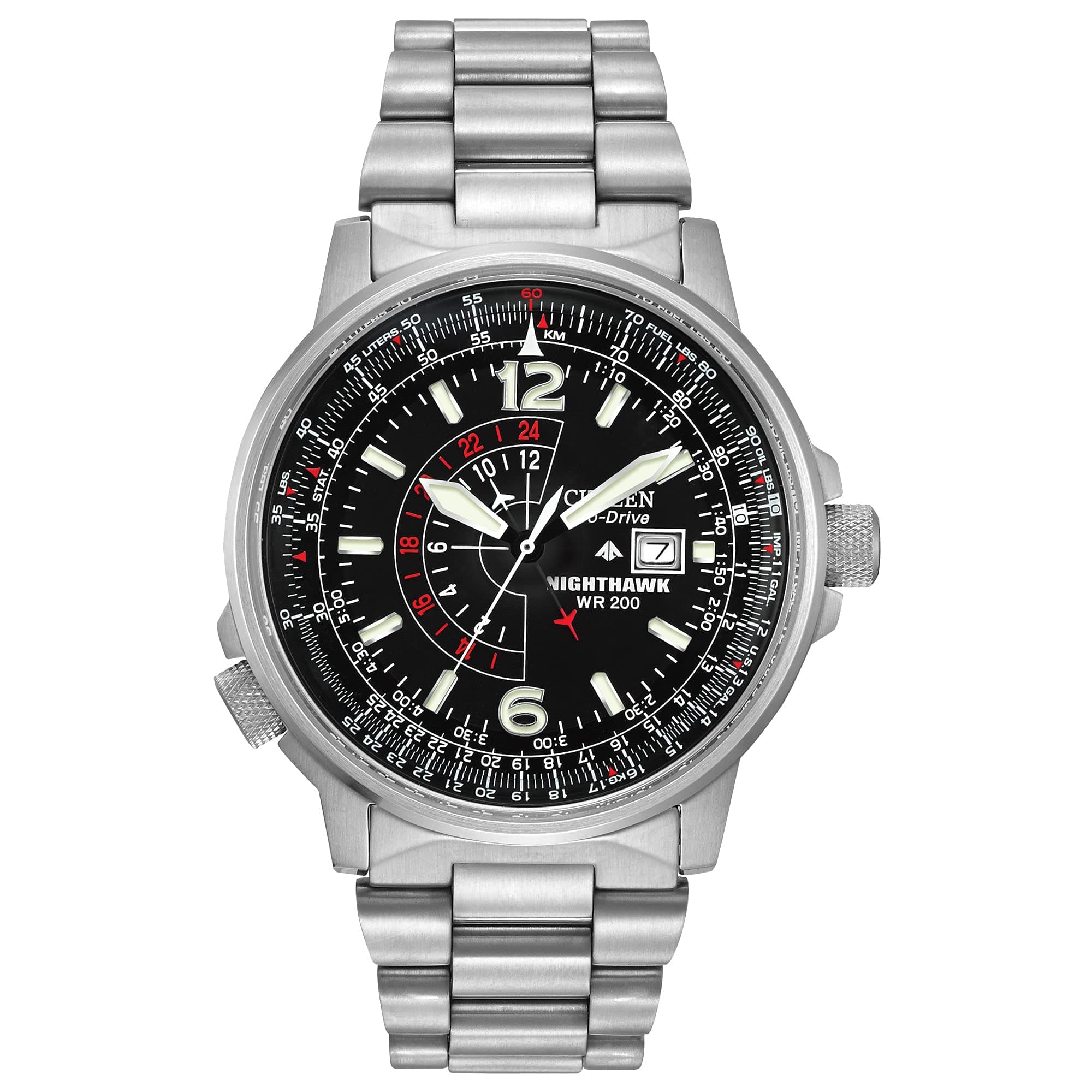 Men's Eco-Drive Promaster Air Nighthawk Pilot Stainless Steel Watch, Luminous, Black Dial, 42mm (Model: BJ7000-52E), Silver, NO SIZE, Analog Watch,Chronograph