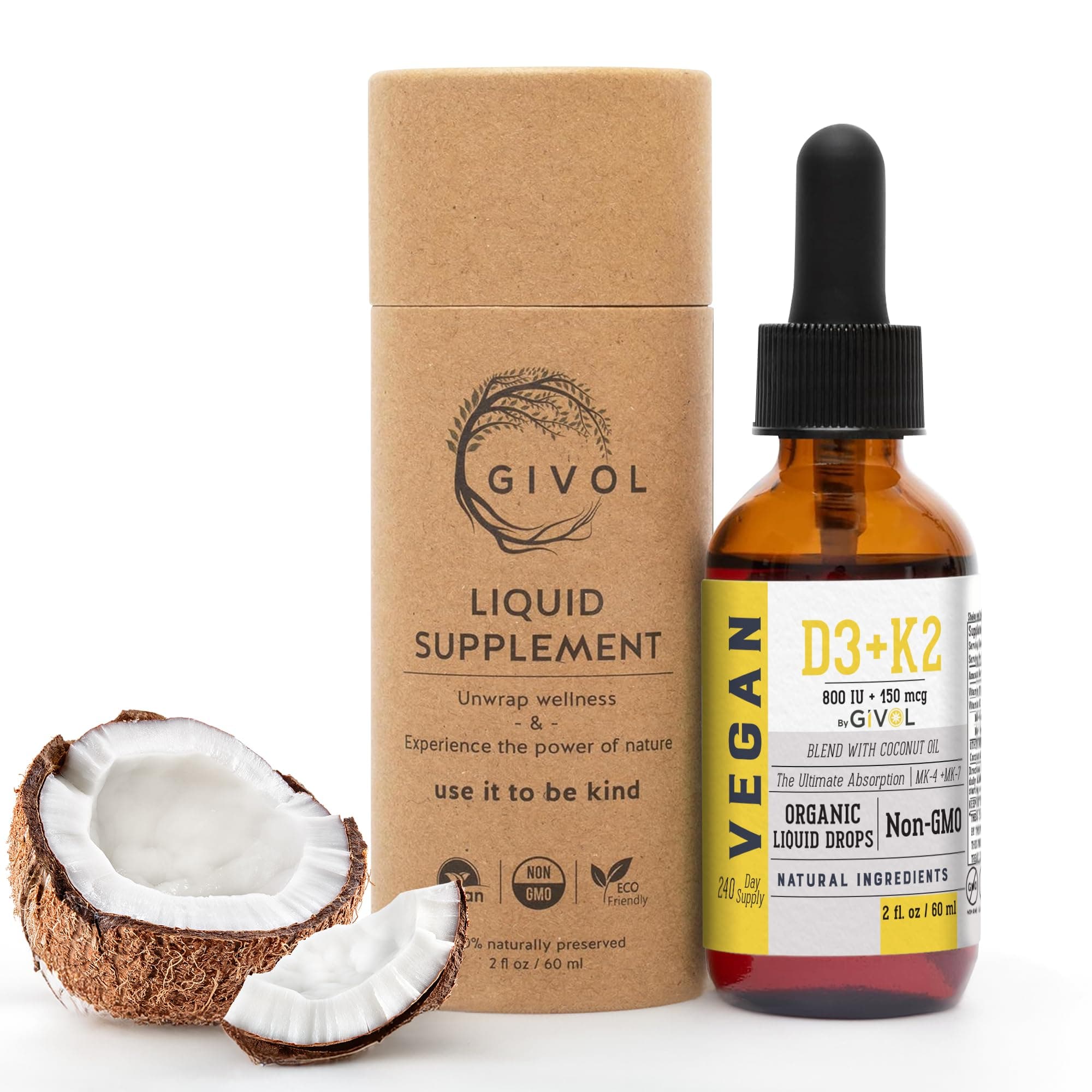 Vitamin D3 K2 Organic drops (as Lichen) +K2 (as MK4 & MK7) in Coconut Oil. Organic, Plant-Based, Vegan, Gluten Free, Wheat Free, Soy Free*, Non-GMO