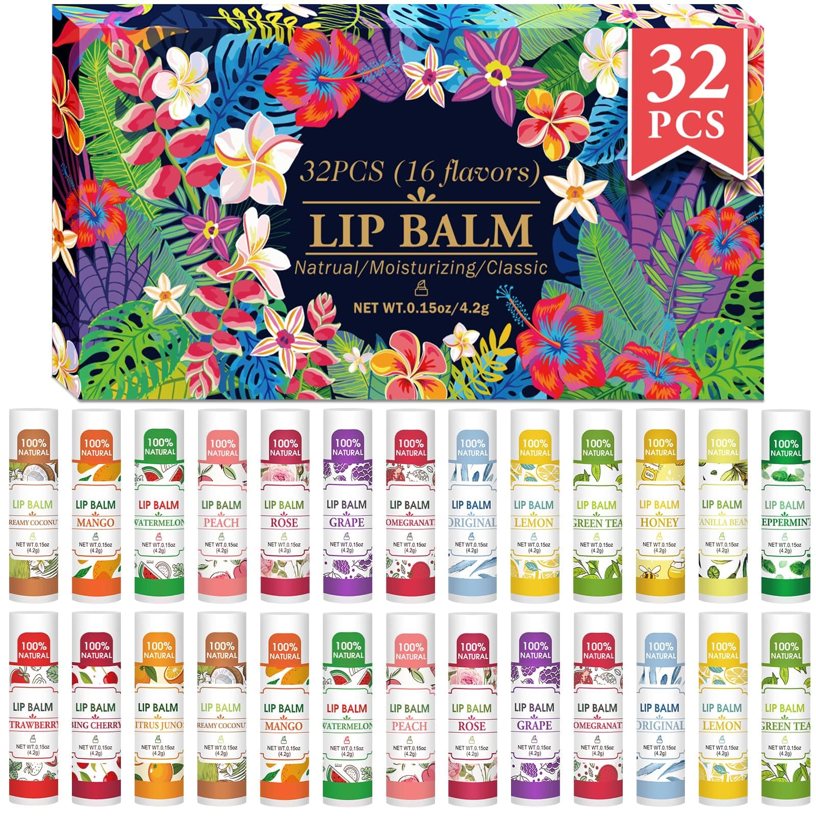 32 Pack Lip Balm, Natural Balm Bulk With Vitamin E And Coconut Oil, Hydrating For Dry Lips, Stocking Stuffers - 16 Flavors