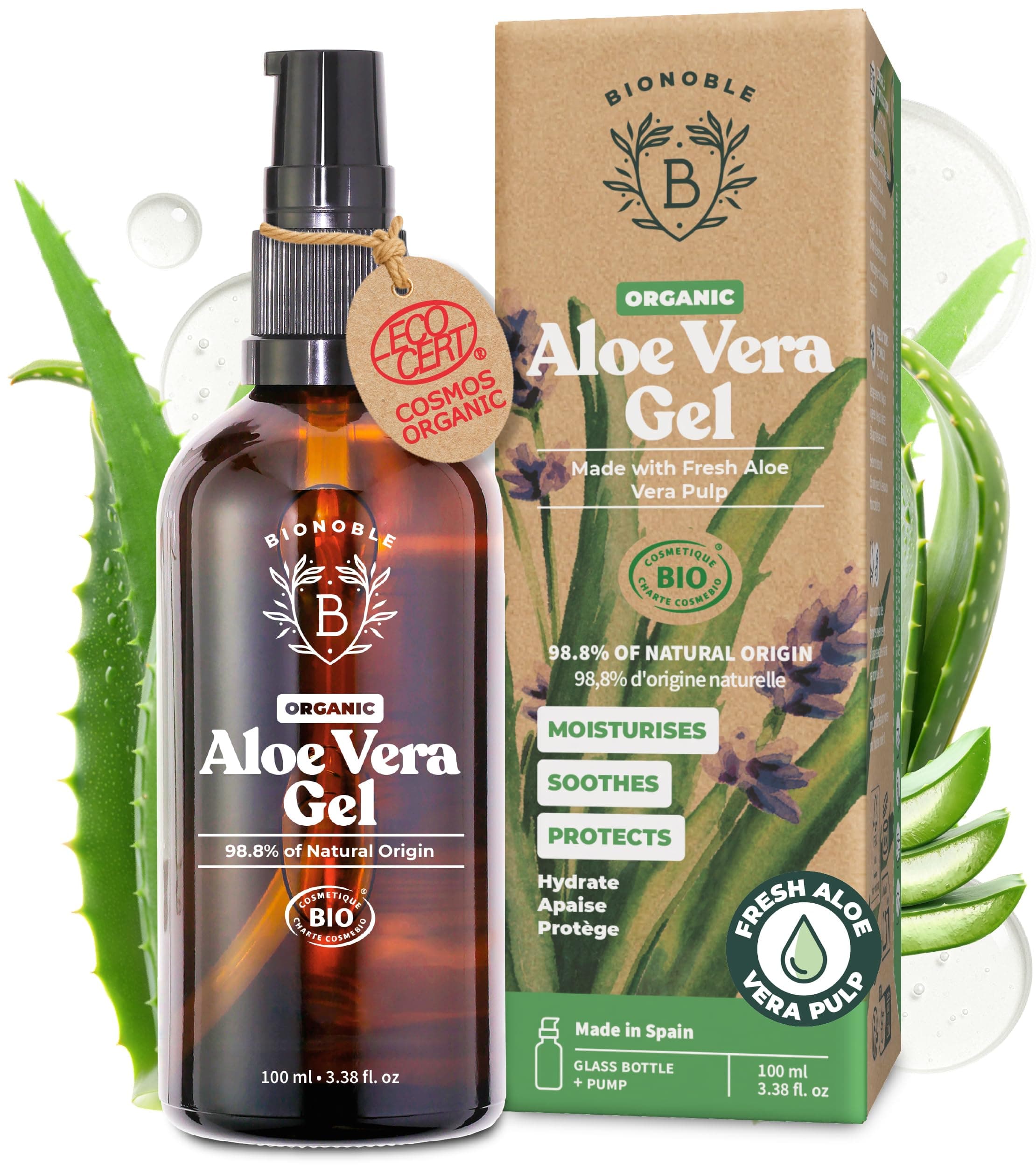 Organic Aloe Vera Gel 97% with Lavender Essential Oil - Moisturiser Face, Hair, After Sun - Aloe Vera Gel 100 Pure from Fresh Leaves - Fast Absorbing, Non Sticky - Glass Bottle, Pump - 100ml