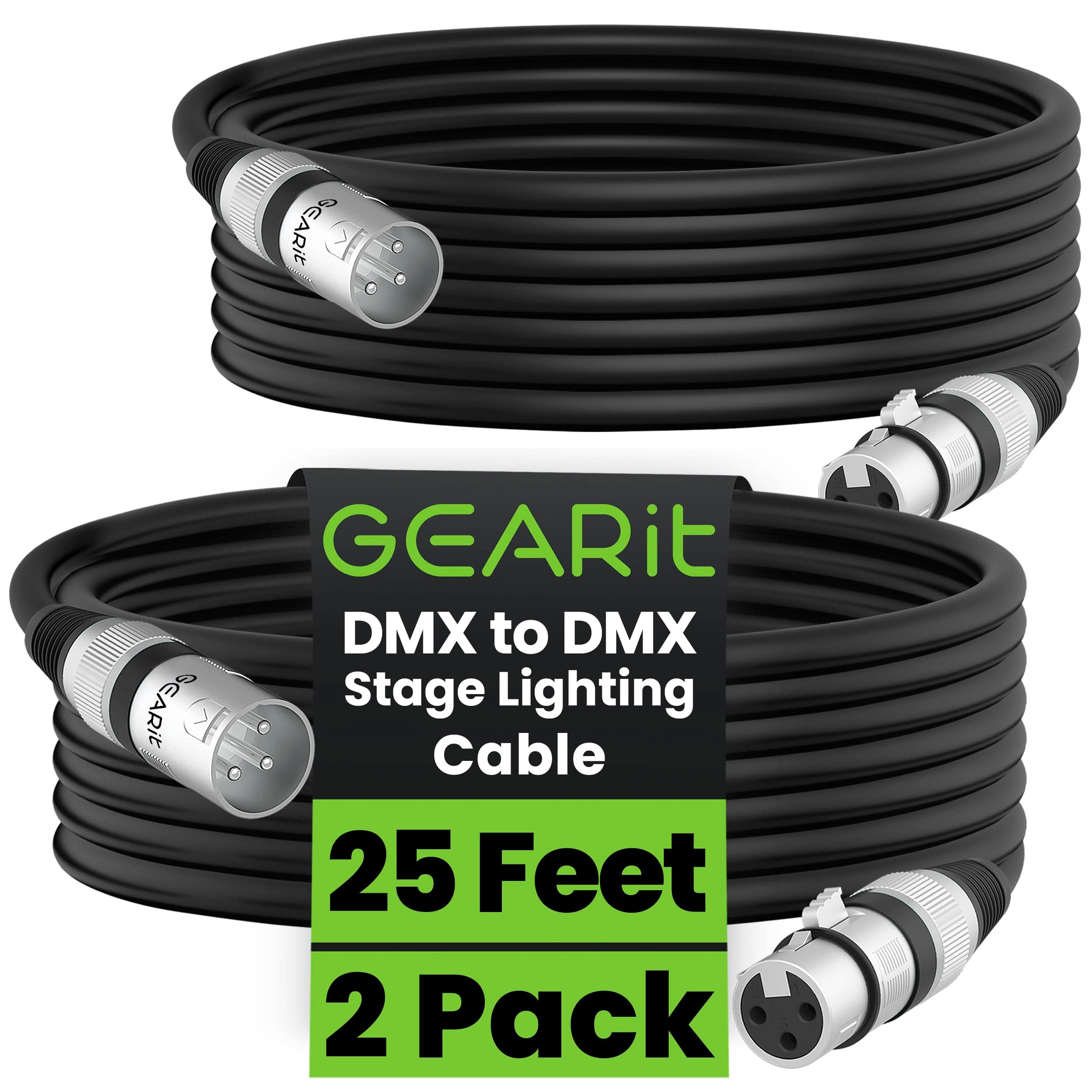 DMX Stage Lighting Cable - 25 Feet, 2-Pack (XLR Compatible) 3-Pin Balanced Shielded for DJ LED Moving Head Par Light, Mic Mixer, Recording Studio, Podcast