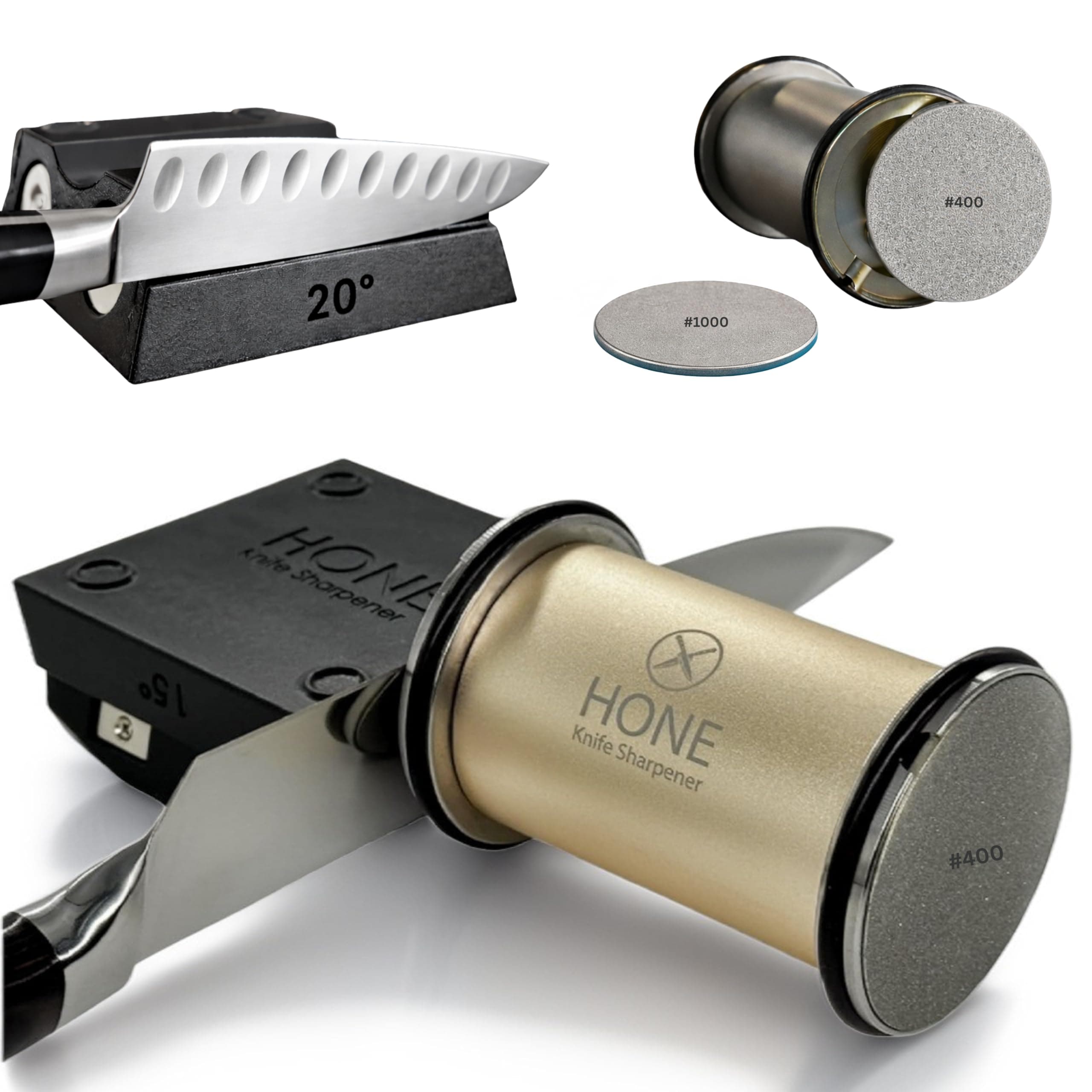 𝗛𝗢𝗡𝗘 𝗞𝗻𝗶𝗳𝗲 𝗦𝗵𝗮𝗿𝗽𝗲𝗻𝗲𝗿 Engineered in Canada, Kitchen Rolling Knife Sharpener with Ball Bearings, Detachable Dual-Sided Diamond Plates, Small Knives Slot, 20° & 15° Precision Sharpening