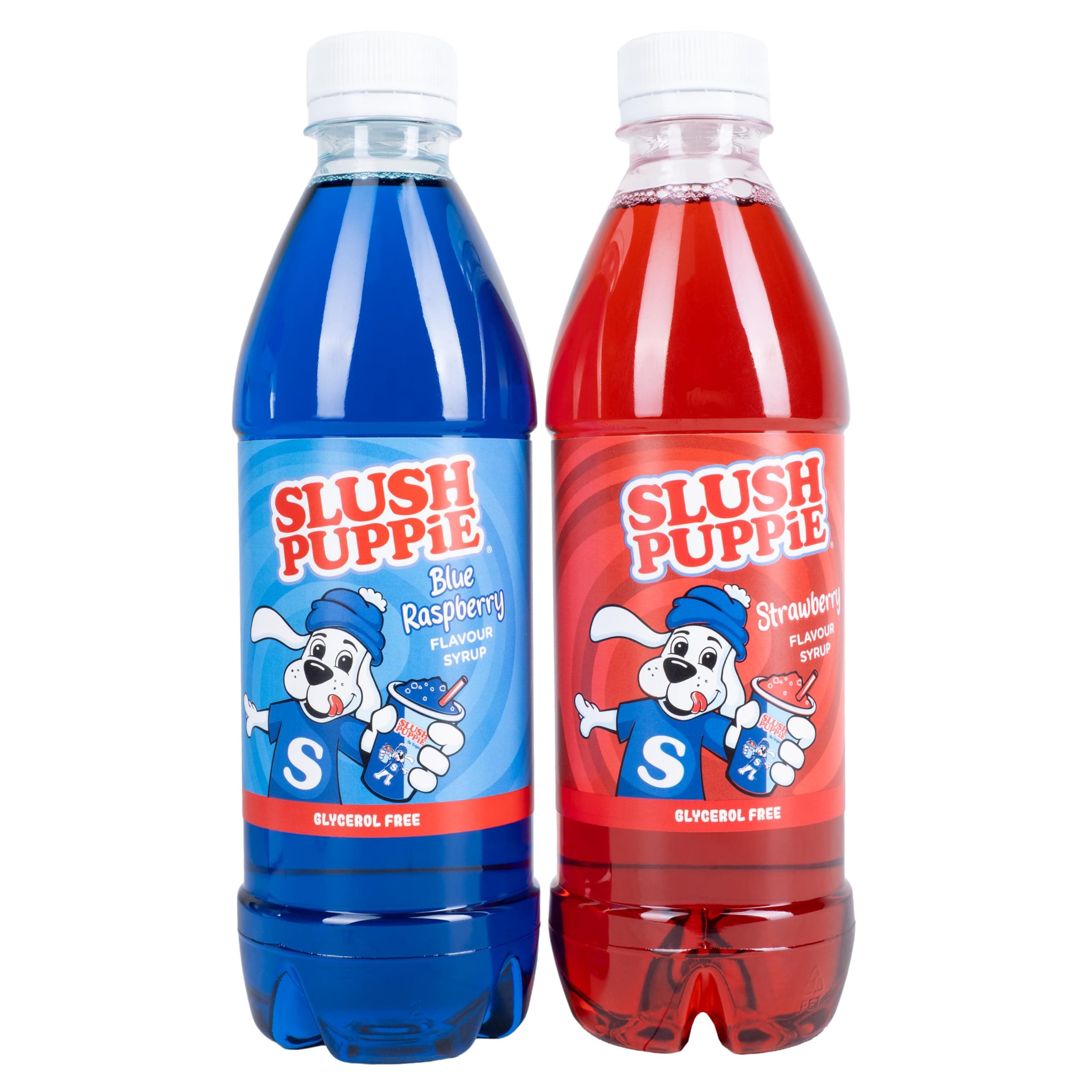 Slush Puppie Syrup Pack of 2 Flavours. Includes Iconic Blue Raspberry & Strawberry flavours. 2 x 500ml Bottles. Officially Licensed Slush Puppy Merchandise. Glycerol Free. Classic Slushy Flavours.