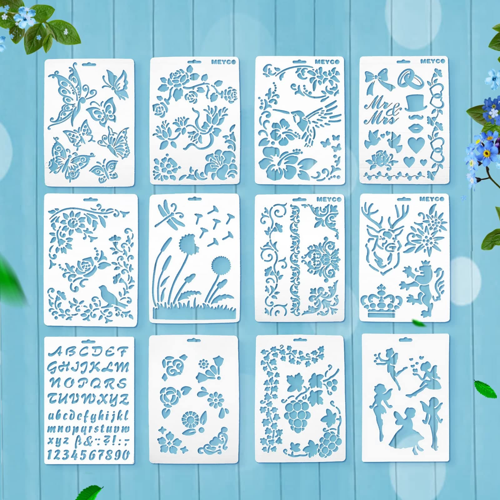 12pcs Drawing Painting Art Stencil Templates - Stencils on Wood and Walls, Reusable Plastic Stencils