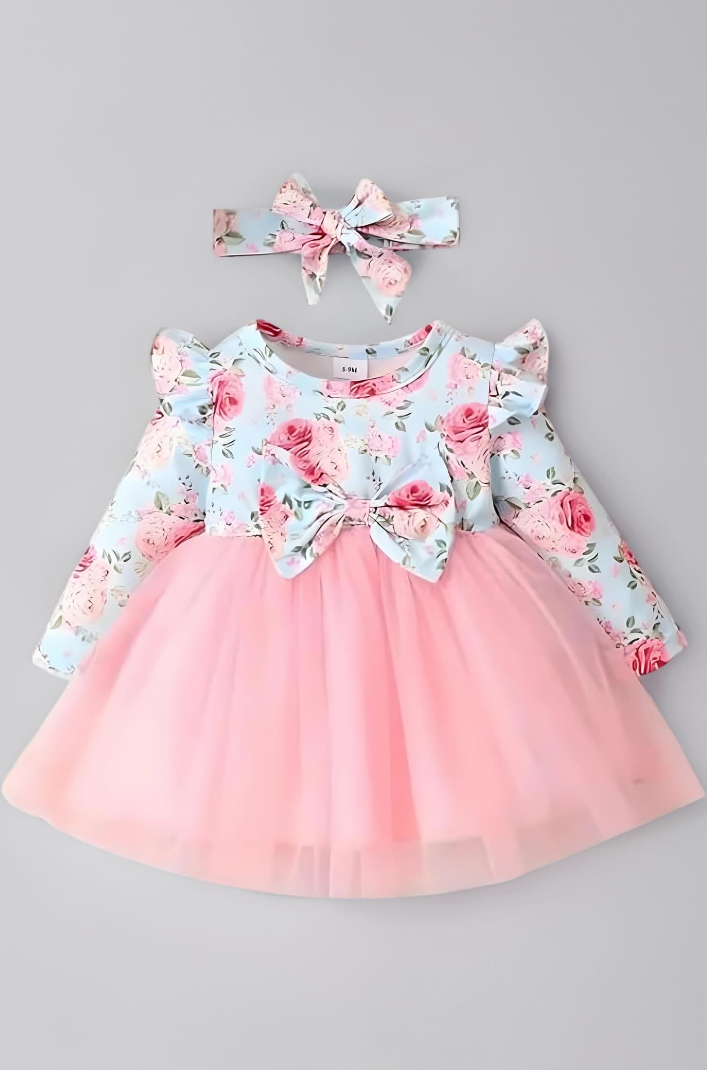 Hornbill Floral Printed Purple Color Baby Frock with Long Sleeve Knee-Length and Round Color Style