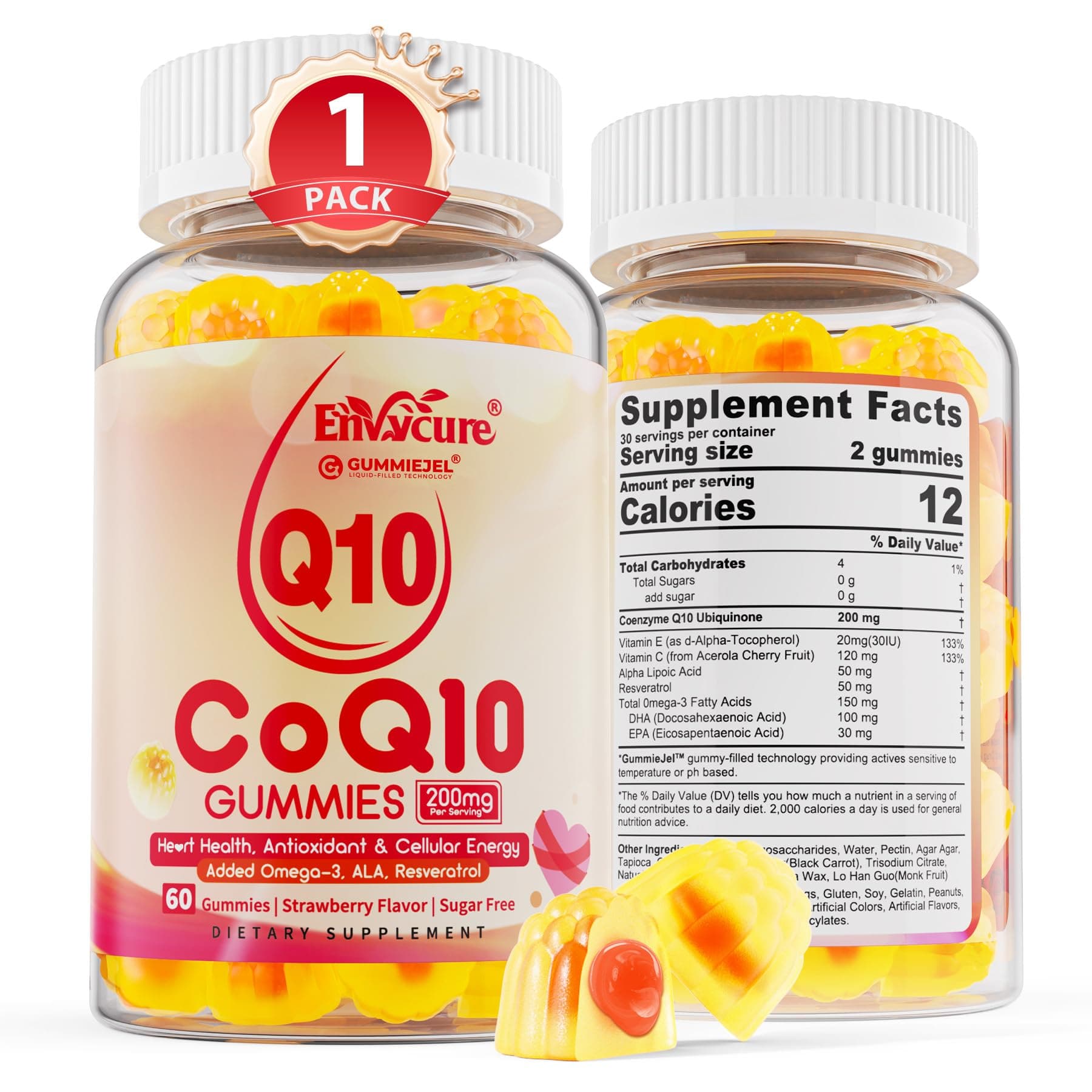 Sugar Free CoQ10 200mg Filled Gummies, 5X Better Absorption CoQ10 w/Resveratrol, Alpha Lipoic Acid, Omega-3, Vitamin E, C, Coenzyme Q10 for Cellular Energy, Heart, Brain, and Antioxidant (1Pack)