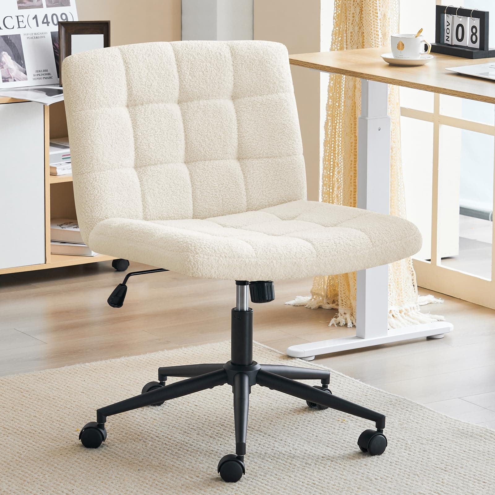 Furnimart Wide Armless Desk Chair with Wheels, Mid Back Swivel Criss Cross Chair for Home Office, Height Adjustable Wide Seat Home Office Task Chairs, Faux Fur White