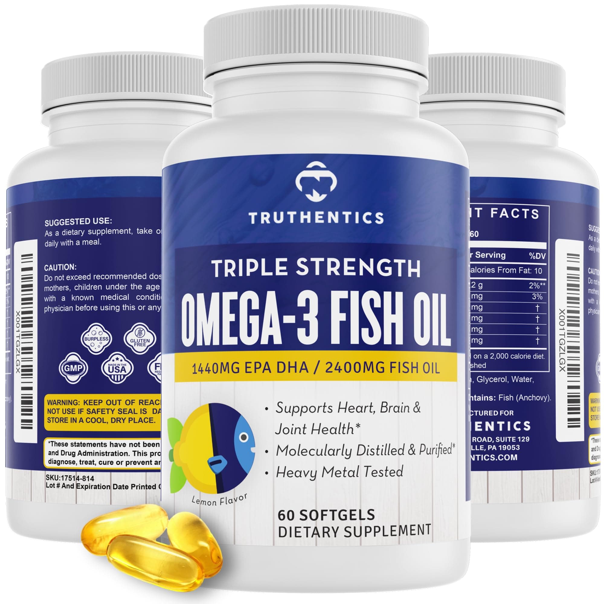 TRUTHENTICS Omega 3 Fish Oil - 2400 mg Triple Strength, High EPA + DHA Omega-3 Fatty Acids for Men & Women - Burp-Free Lemon Flavor Fish Oil Supplement - 60 Softgels