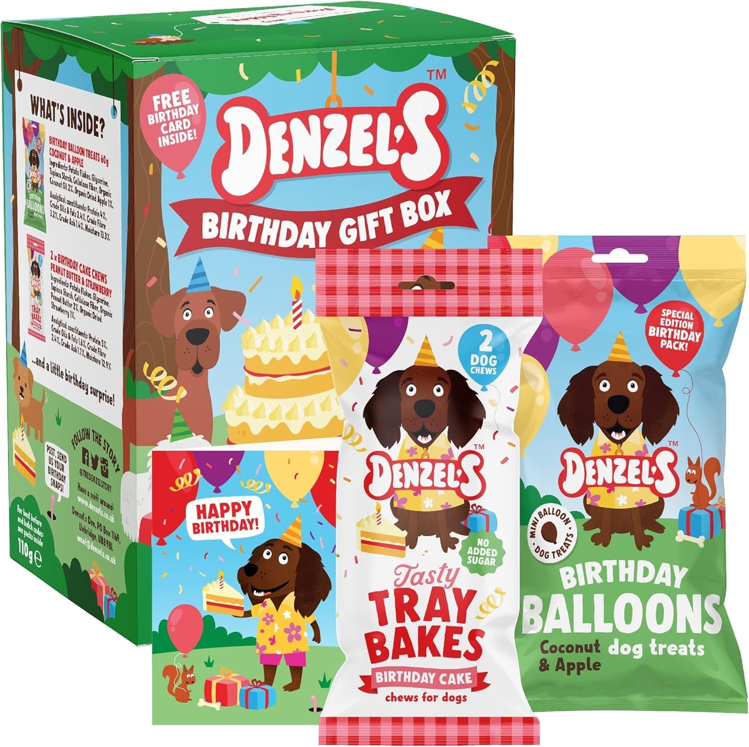 – Denzel's Dog Treats Mini Birthday Gift Box - Birthday Cake Chews with Peanut Butter & Strawberry + Balloon shaped Treats with Coconut & Apple - 110g
