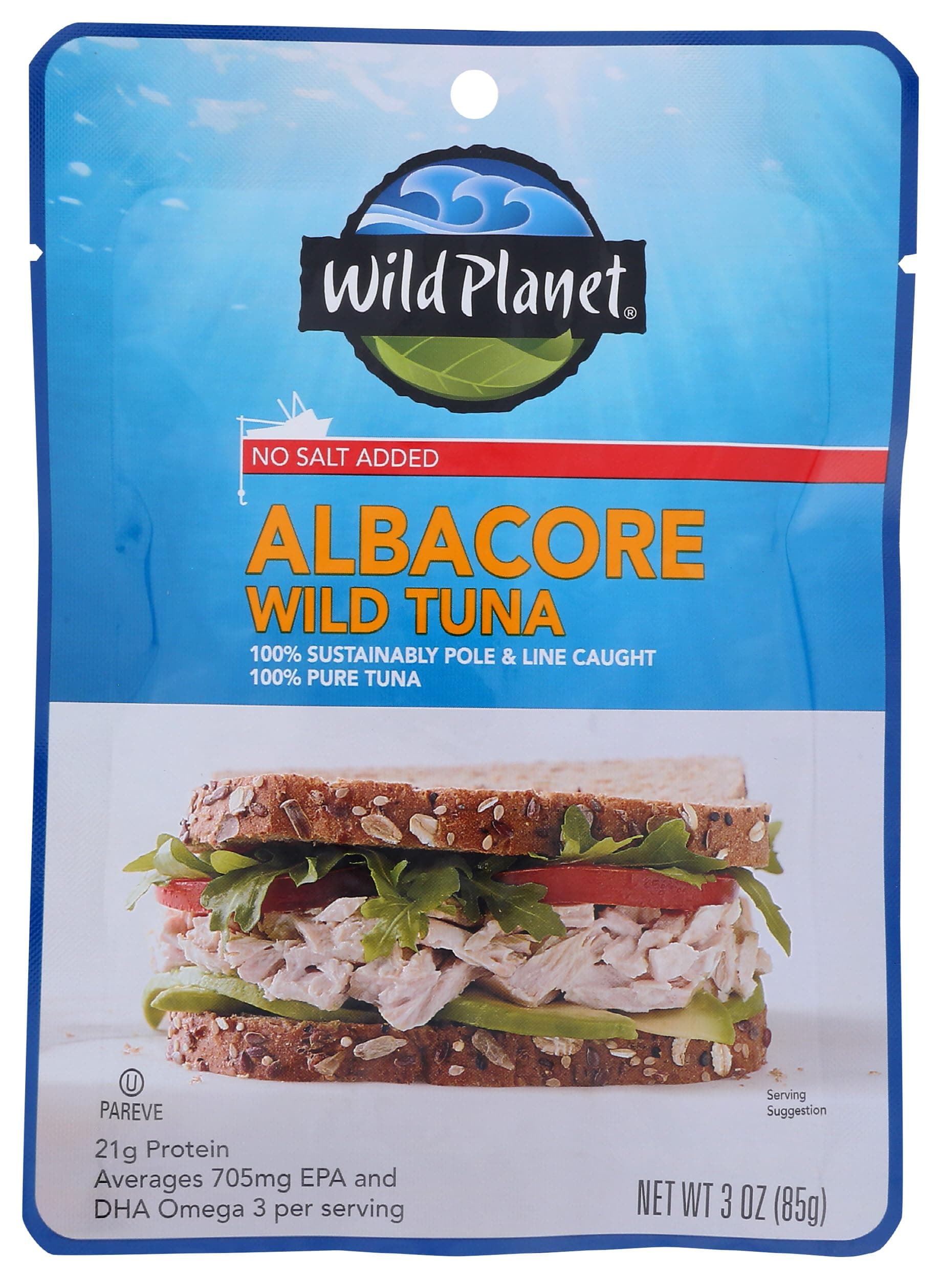 Wild Albacore Tuna, No Salt Added, Sustainably Wild-Caught, Kosher, Gluten Free, Keto and Paleo, 3rd Party Mercury Tested, 3 Ounce Pouch (Pack of 1)