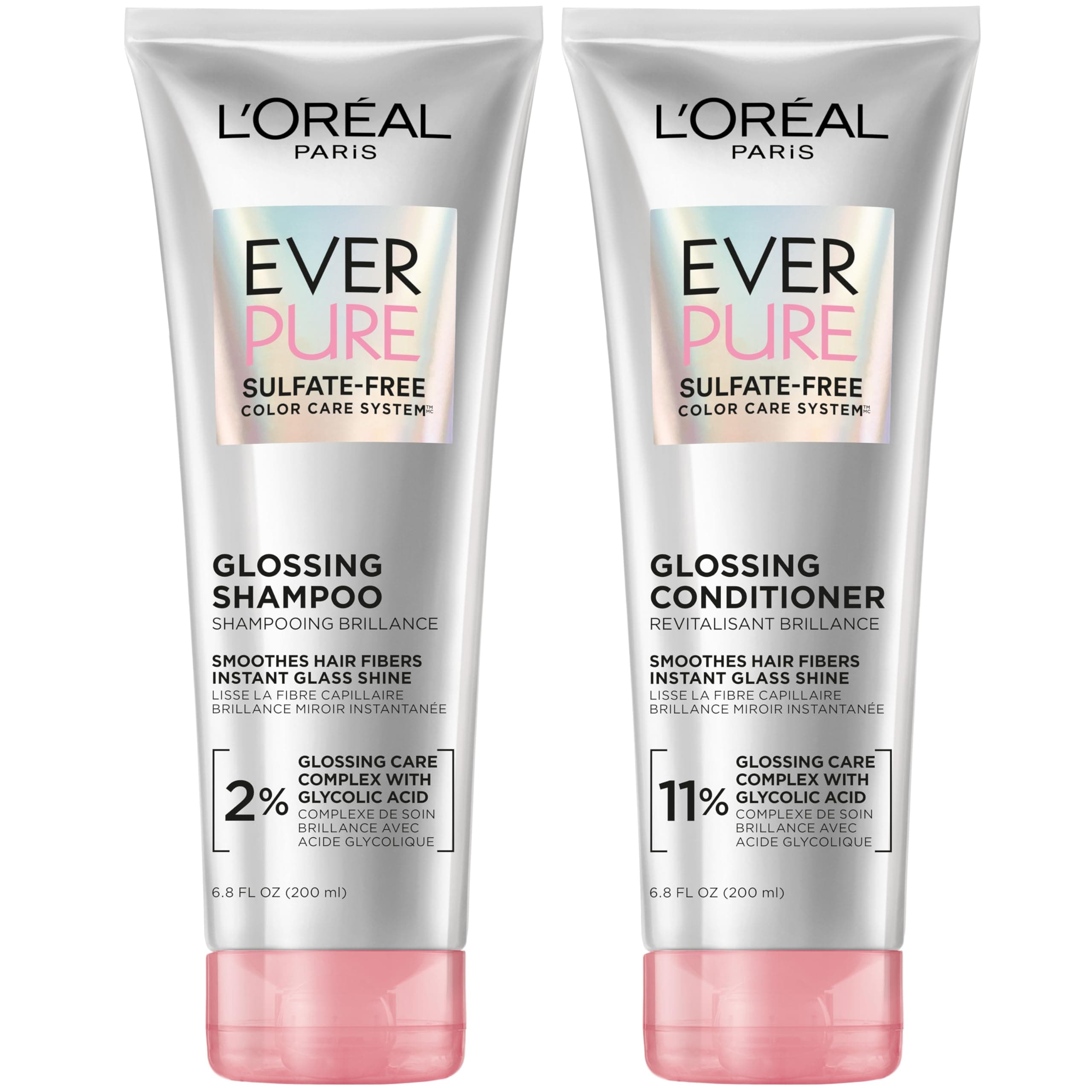 L'Oreal Paris Glossing Sulfate Free Shampoo and Conditioner Set with Glycolic Acid, Hair Care for Lasting Shine and Smoothness for Dull, Dry Hair, EverPure, 1 Kit