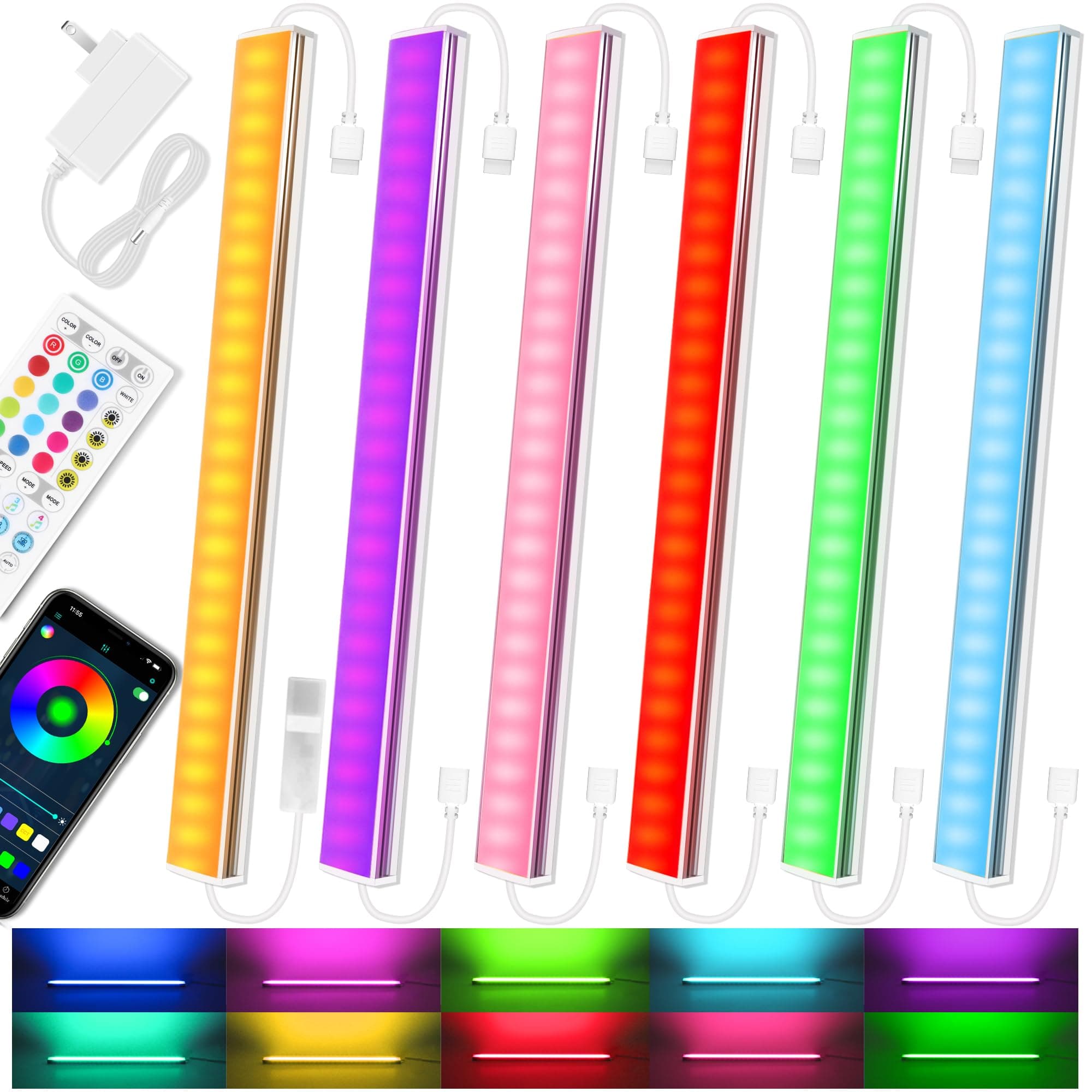 6 Pcs RGB Under Cabinet Lights Kit, Smart App and Remote Control Under Cabinet Lighting, Dimmable Under Counter Lights for Kitchen, Plug in LED Lights Bar for Cabinet, Counter, Workbench, Desk