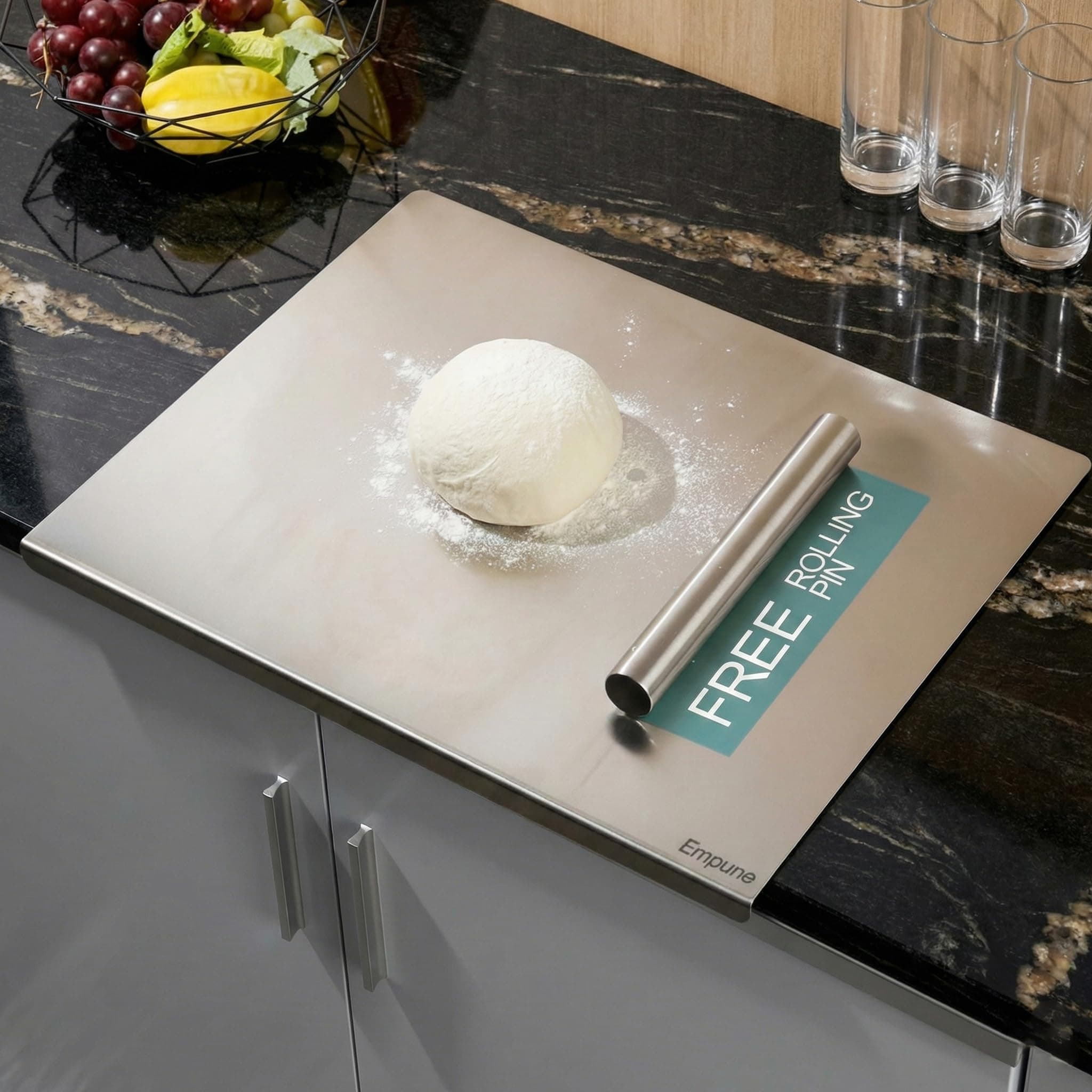 Stainless Steel Chopping Board for Kitchen | Free Rollin Pin | Heavy Duty Chopping-Board | for Cutting Vegetable, Meat, Fruits | Durable | Non Slip | Rust Proof | Round Edge | Medium | 42 x 32 cm