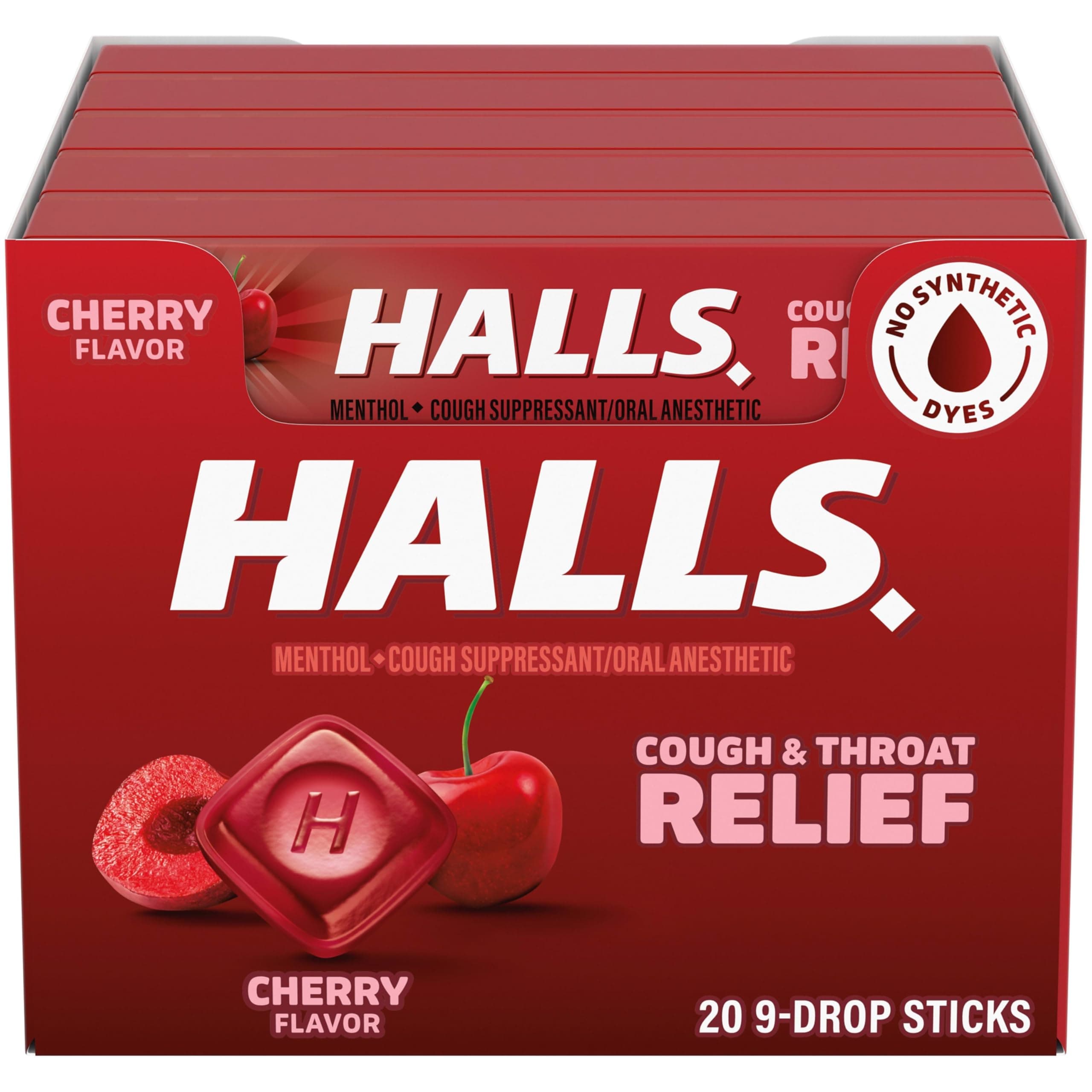 Halls Halls Cherry Cough Drops - with Menthol - 180 Drops (20 sticks of 9 drops), 20 Count