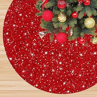 Christmas Tree Skirt Red 36 Inch Round Velour Tree Skirt Sparkle Sequins Xmas Tree Mat Vintage Farmhouse Tree Floor Base Christmas Decorations for Artificial Tree Wedding Party Outdoor Decoration