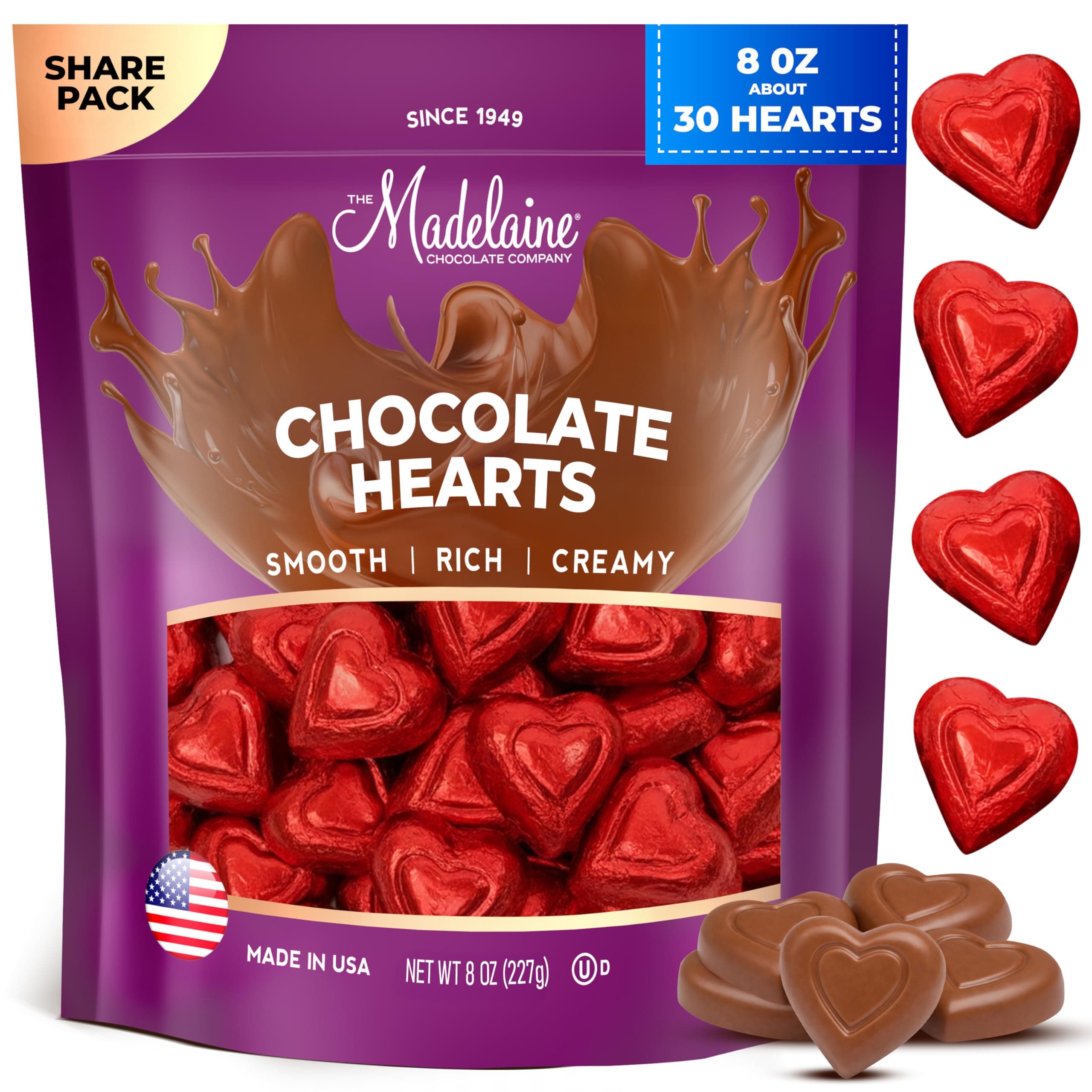 Madelaine Milk Chocolate Mini Hearts, Individually Wrapped Red Foil – Valentine’s Day Candy for Kids Classroom, Gifts & Treat Bags, 8 Oz