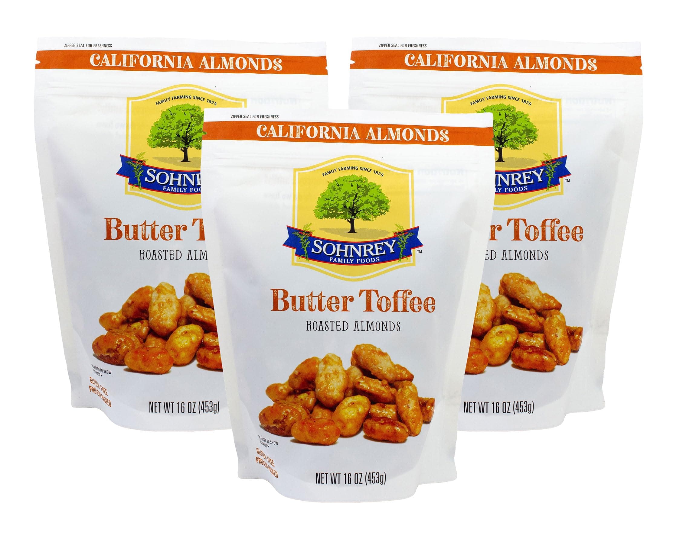 Butter Toffee Almonds Fresh Gourmet Sweet and Salty Crunch (16 oz) Resealable Bag from Sohnrey Family Foods (3-Pack (48 oz))
