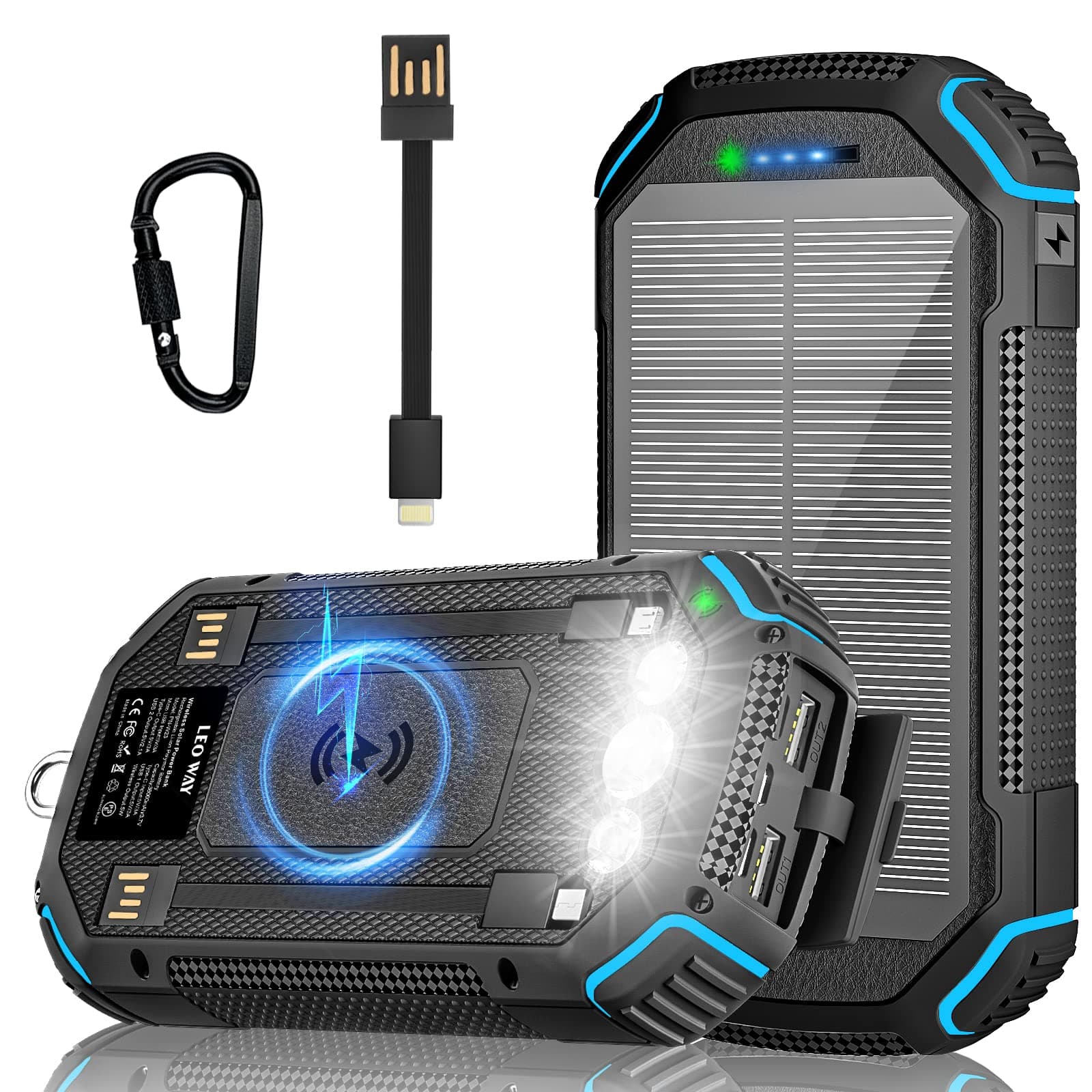 LEO WAY Solar Power Bank 36000mAh with 3 Cables, Solar Charger Wireless Charging, Portable Power Bank 4 Output 3 Input 15W Fast Charging with LED Flashlight, Outdoor External Battery for Phone Laptop