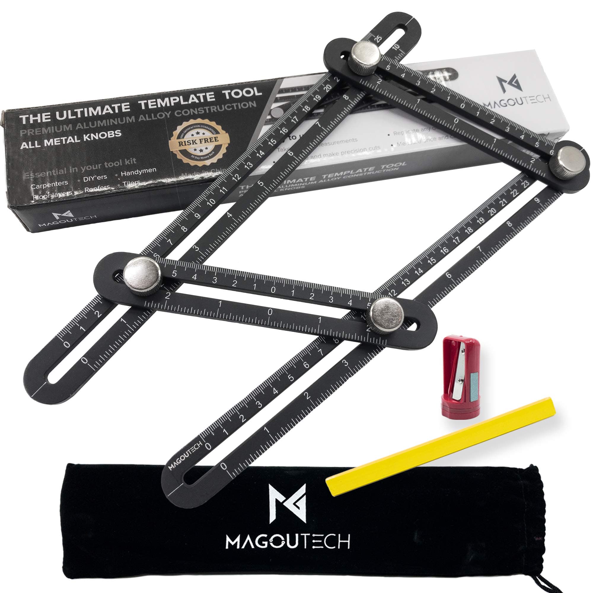 Aluminum Angle Template Tool by Magoutech | Heavy Duty Build with Large Metal Knobs | Adjustable Multi Angle Measurement tool | Universal Layout | Includes Bonus Tools