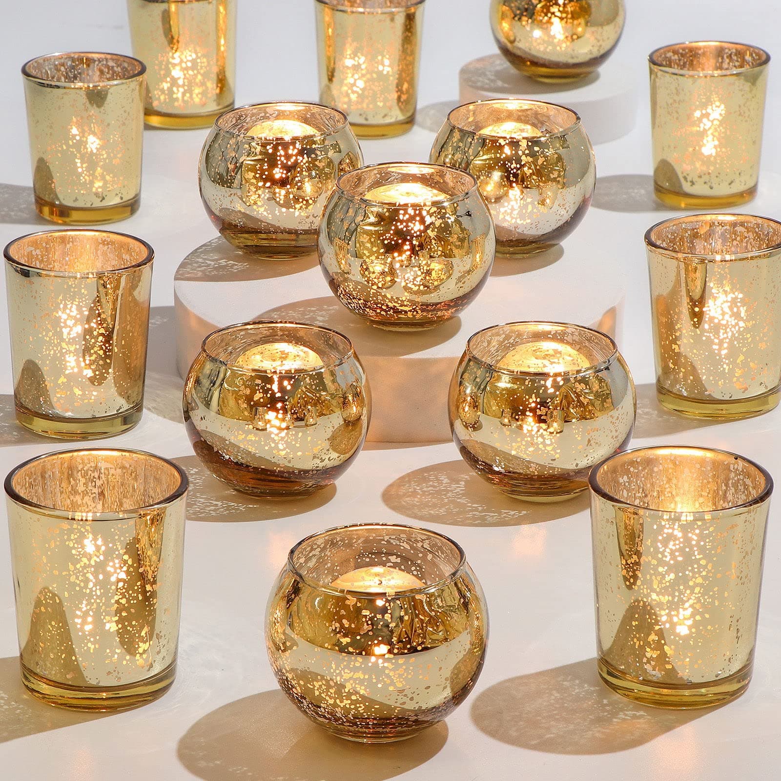 - DEVI 24pcs Assorted Gold Votive Candle Holders, Mercury Glass Candle Holder, Diwali Decorations, Gold Wedding Centerpieces for Tables, Bridal Shower Party Table Decorations