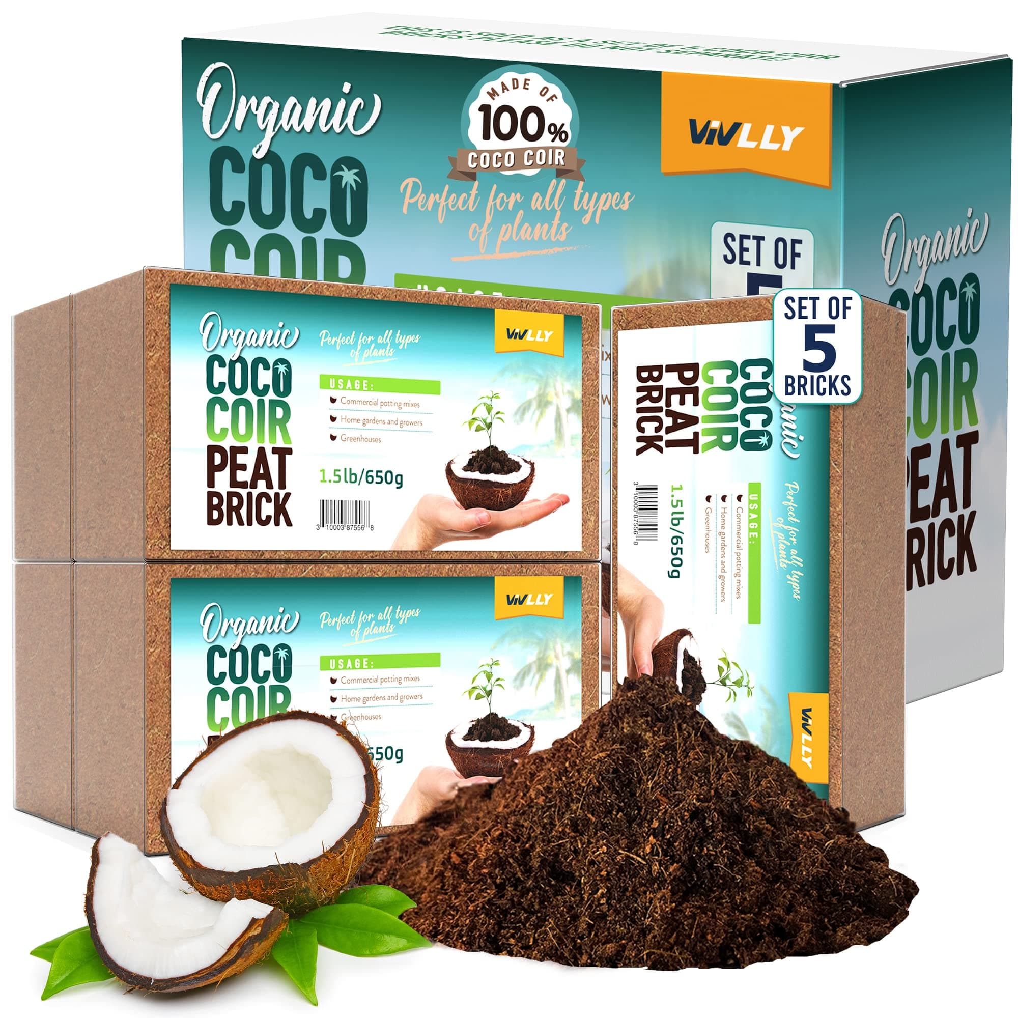 Coco Coir Bricks 5-Pack (650g Each) – Peat-Free Coconut Coir/Peat, Low EC & pH Balanced, High Expansion Seed Starter for Potting Mix, Hydroponics, Mushroom Substrate & Reptile Bedding