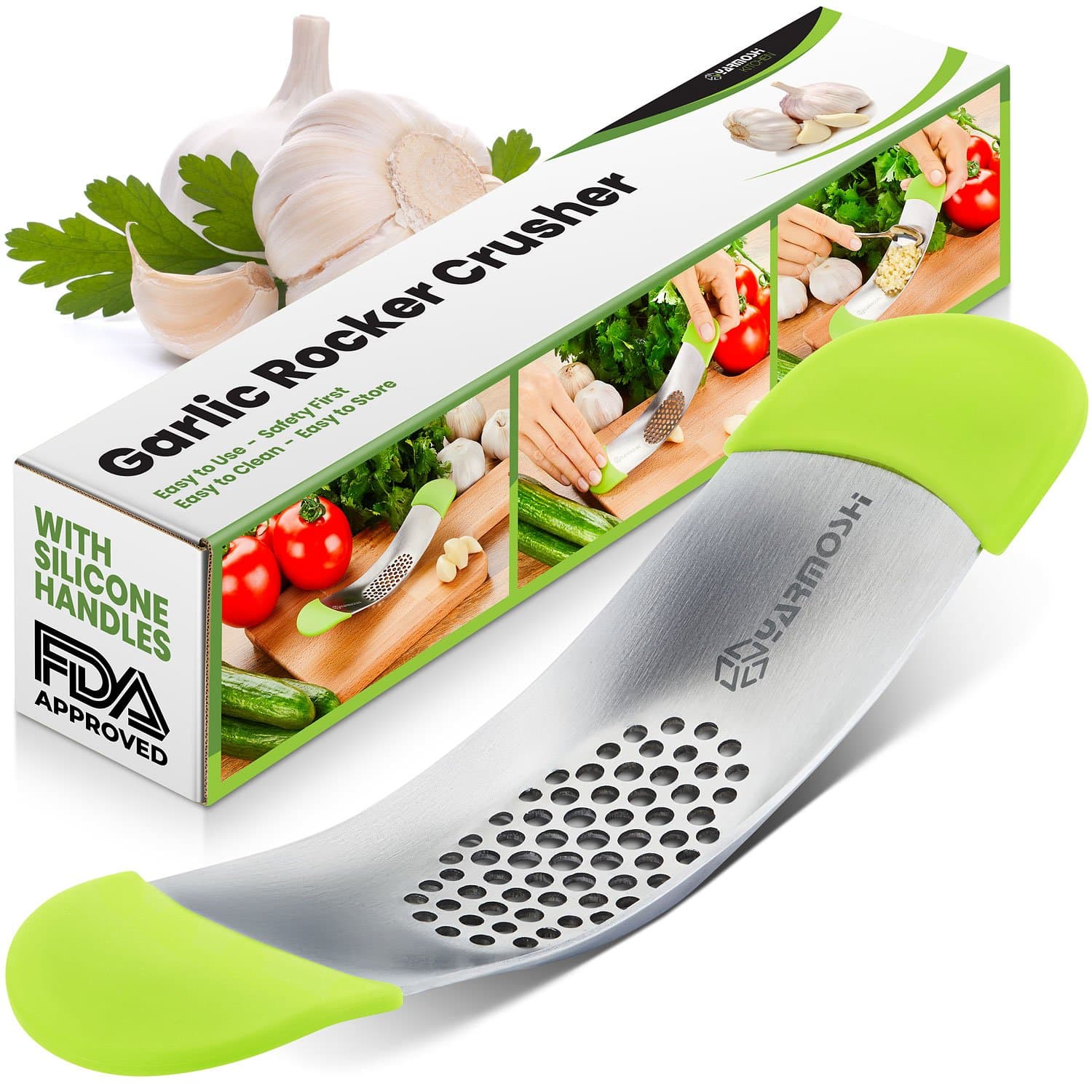 Solid Stainless Steel Garlic Press Rocker - Chopper Mincer - Perfect Ginger Crusher - Revolutionary Innovative Anti Slip SILICONE HANDLES for Best Grip! (The Only one on the Market)
