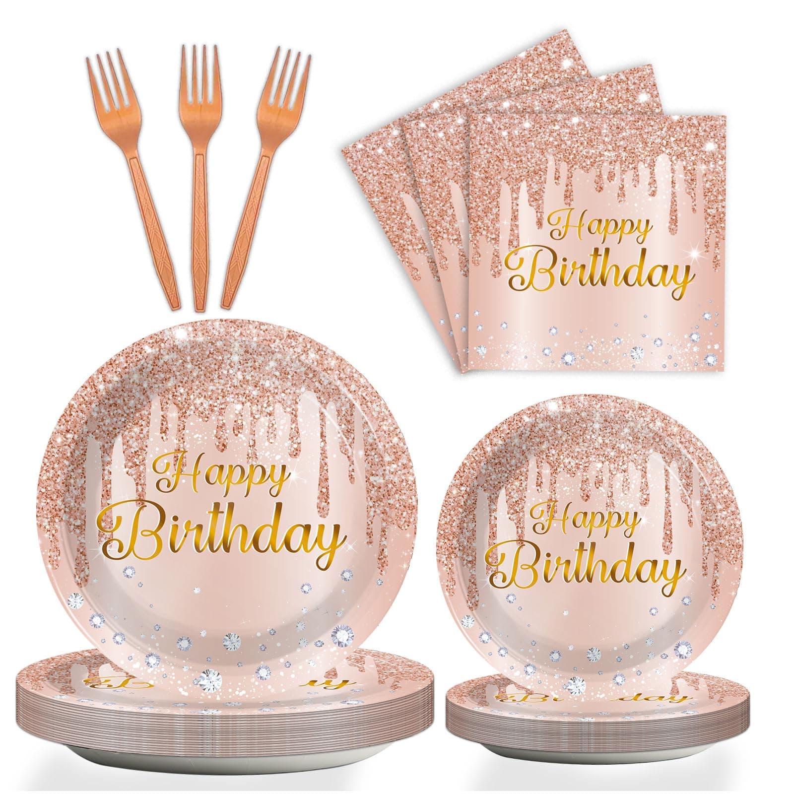 96 Pieces Happy Birthday Tableware Set for Pink Rose Gold Table Decorations Supplies Dessert Plates Napkins Forks Women 24 Guests Disposable Party Favors