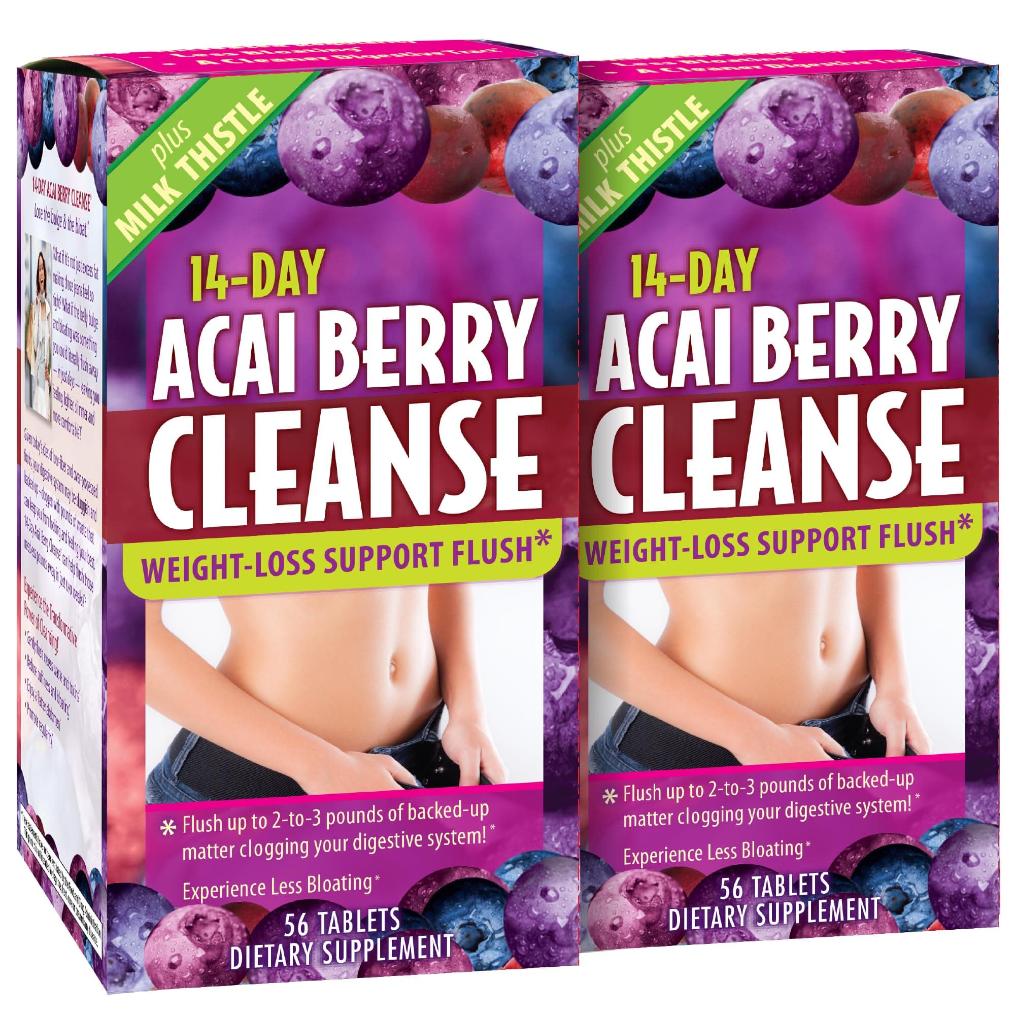 14-Day Acai Berry Cleanse - 56 Tablets - Weight-Loss Support Flush + Milk Thistle - 56 Servings
