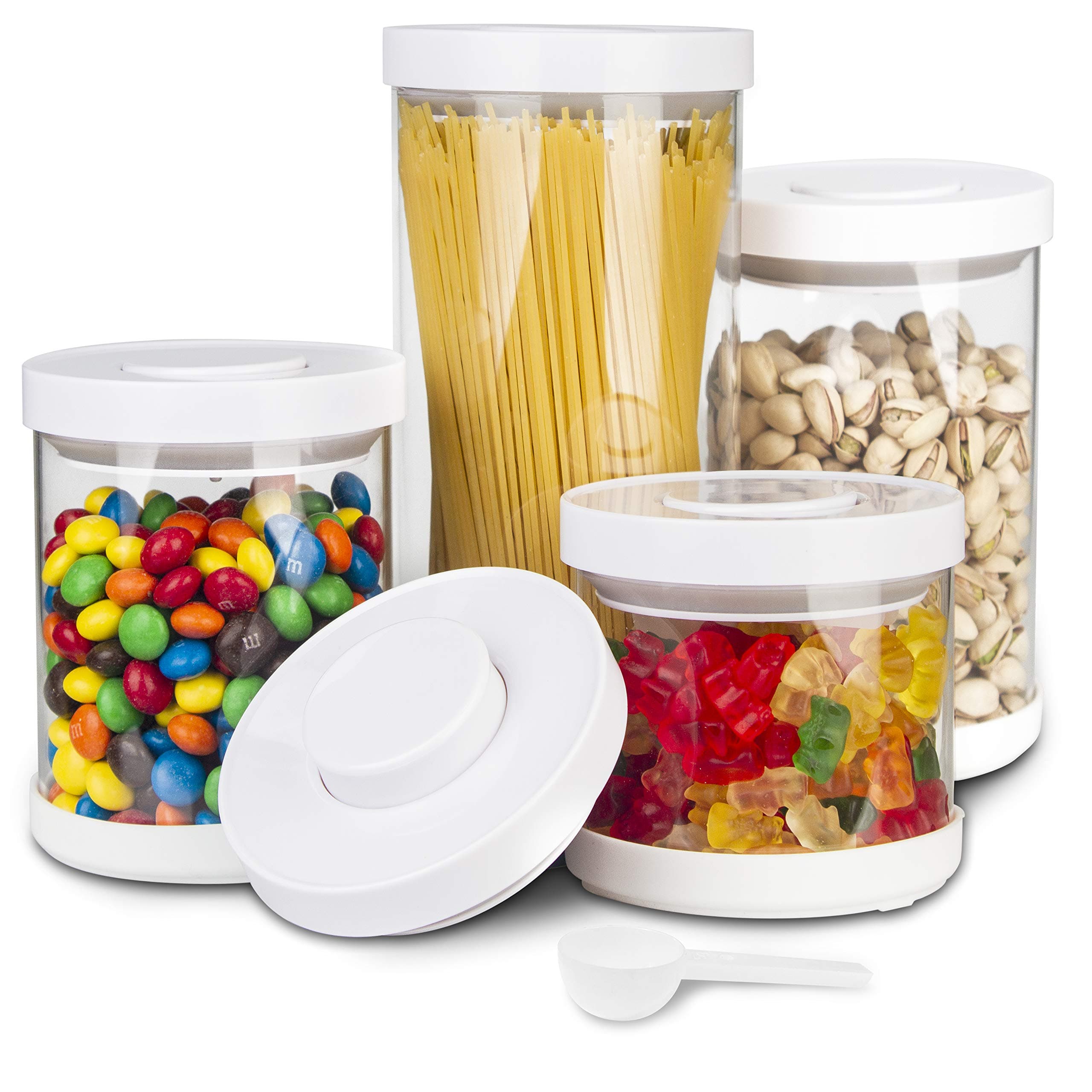 elabo 4-Piece POP Glass Easy Open Food Storage Containers Set with Airtight Lids and Spoon, Equipped with Anti-slip Silicone Pad - BPA Free - for Dry Food, Sugar, Salt, Flour, Coffee, Rice, Nuts.etc