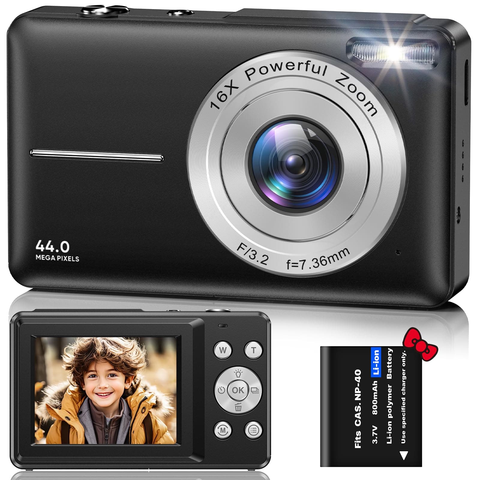 Digital Camera, FHD 1080P 44MP Digital Cameras Compact, 2.4"" LCD Rechargeable Digital Cameras, Vlogging Camera with 16X Digital Zoom for Kids, Adult, Teenagers, Girls, Boys(Black)