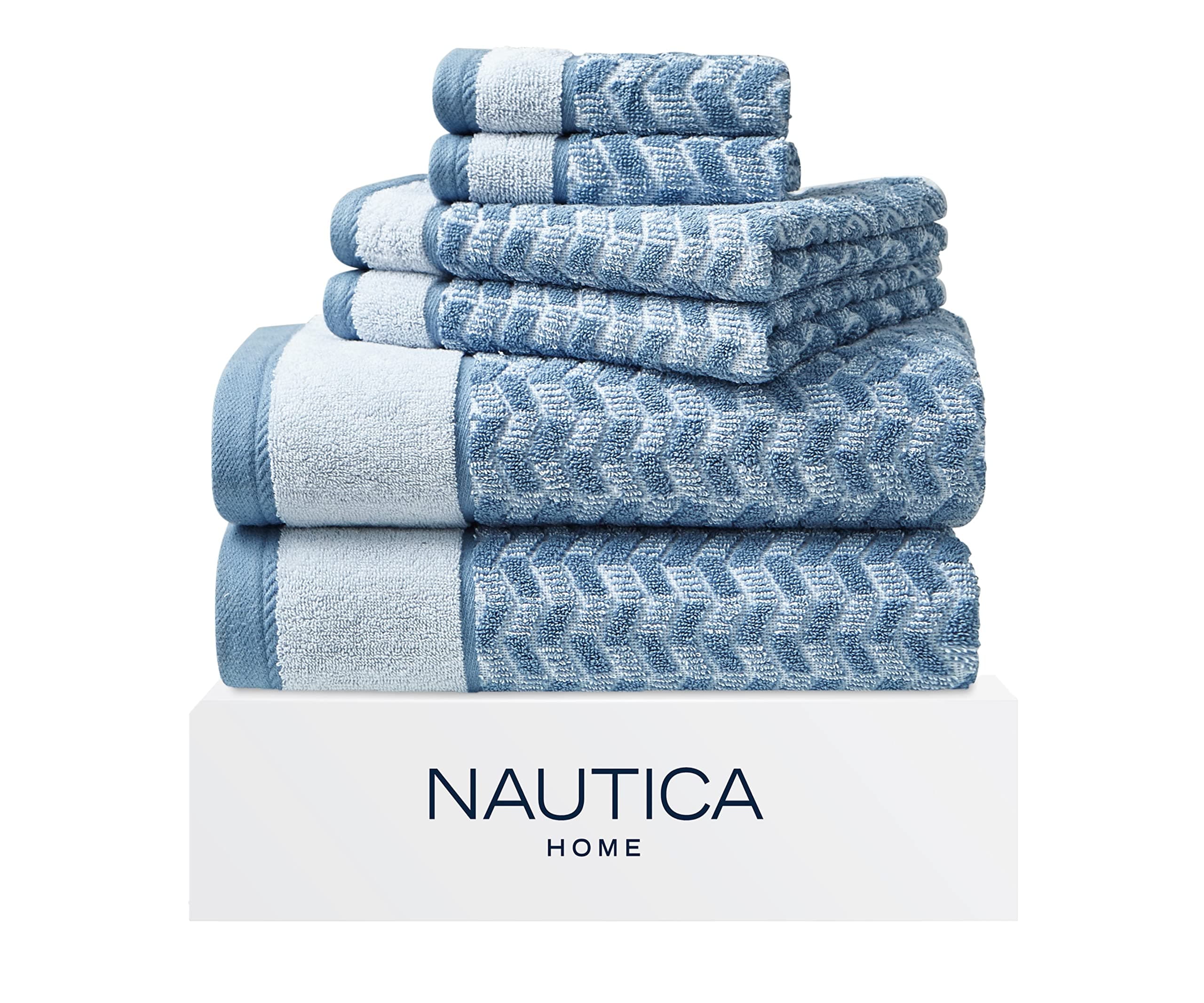 Nautica - Bath Towels, Highly Absorbent & Soft Bathroom Essentials, Oeko-Tex Certified (Zane Chevron Blue, 6-Piece)