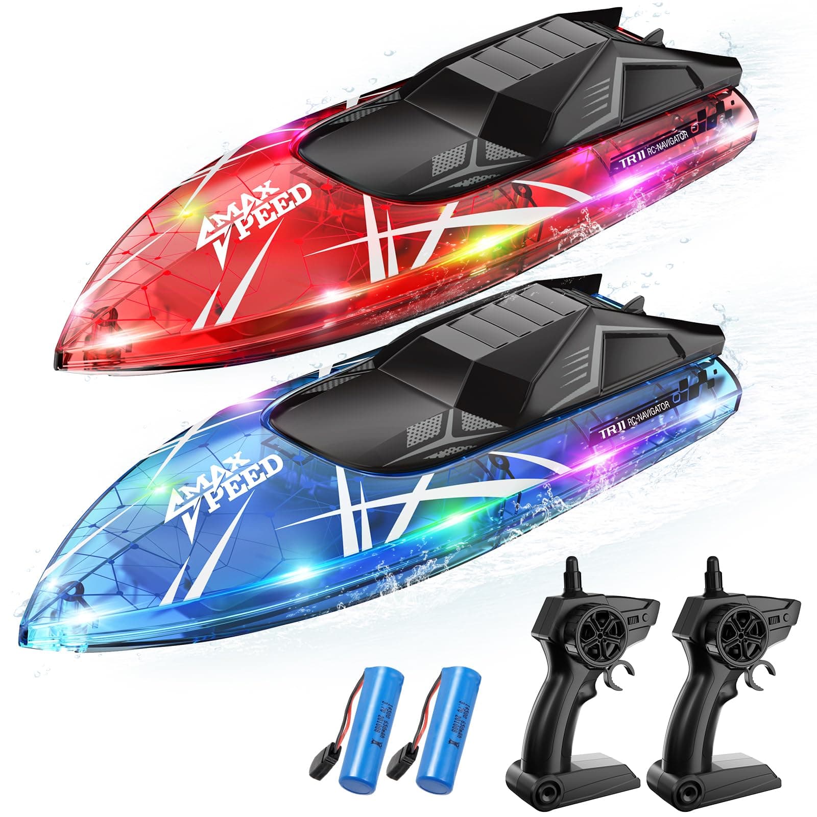 Remote Control Boat for Kids, 2Pack RC Boat with LED Lights for Pools Lakes River & Bathtub, 2.4Ghz Control, Whole Body Waterproof, 2 Rechargeable Batteries Summer Water Toys