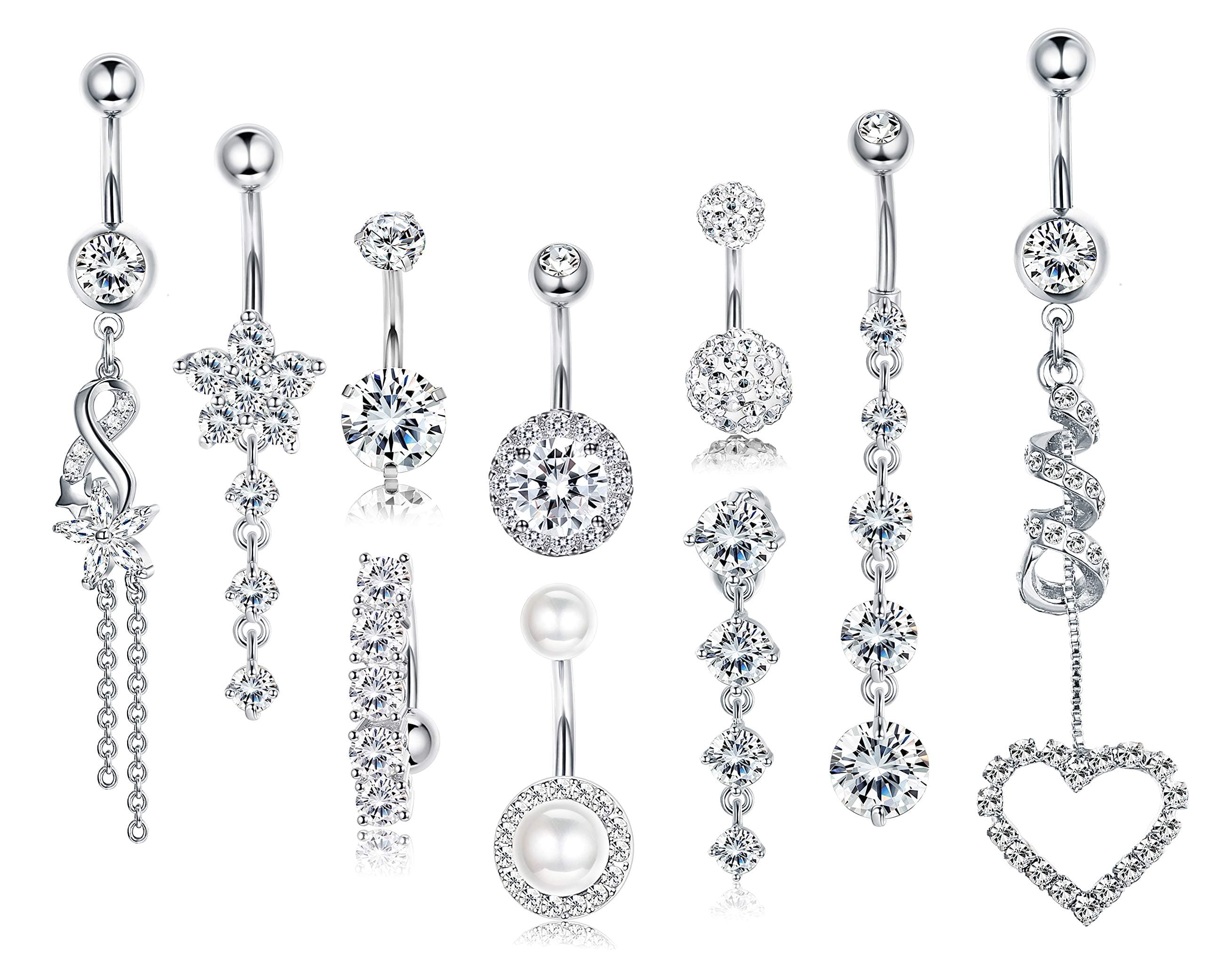 10 Pcs 14G Stainless Steel Belly Button Rings for Women Navel Piercing Barbell Body Jewelry CZ Inlaid