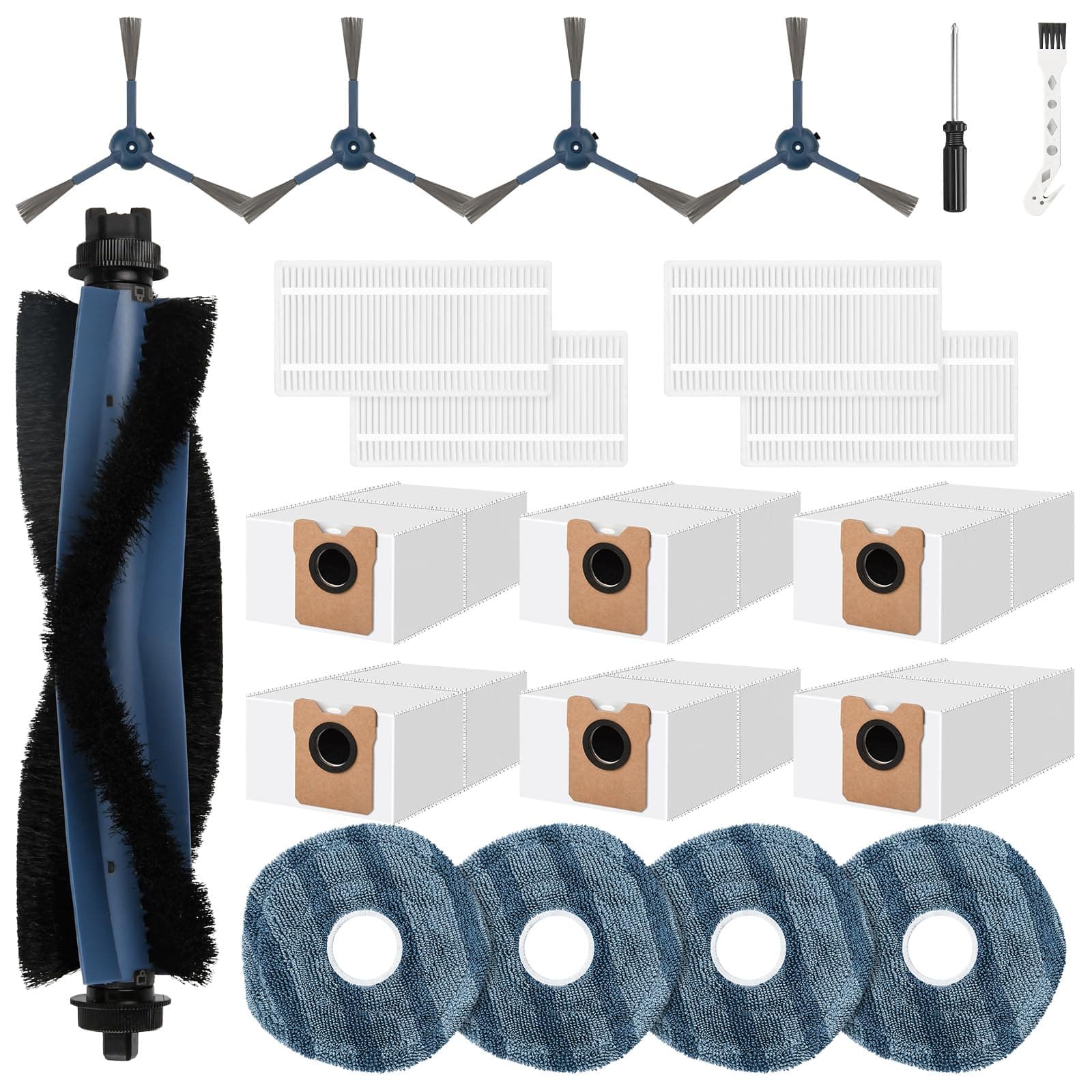 21 Pcs Accessories Kit Compatible with eufy Vacuum Omni C20, Replacement Parts include 1 Main Brush, 4 Side Brushes, 6 Dust Bags, 4 Mop Pads, 4 Washable Filters, 1 Cleaning Tool and1 Screwdriver