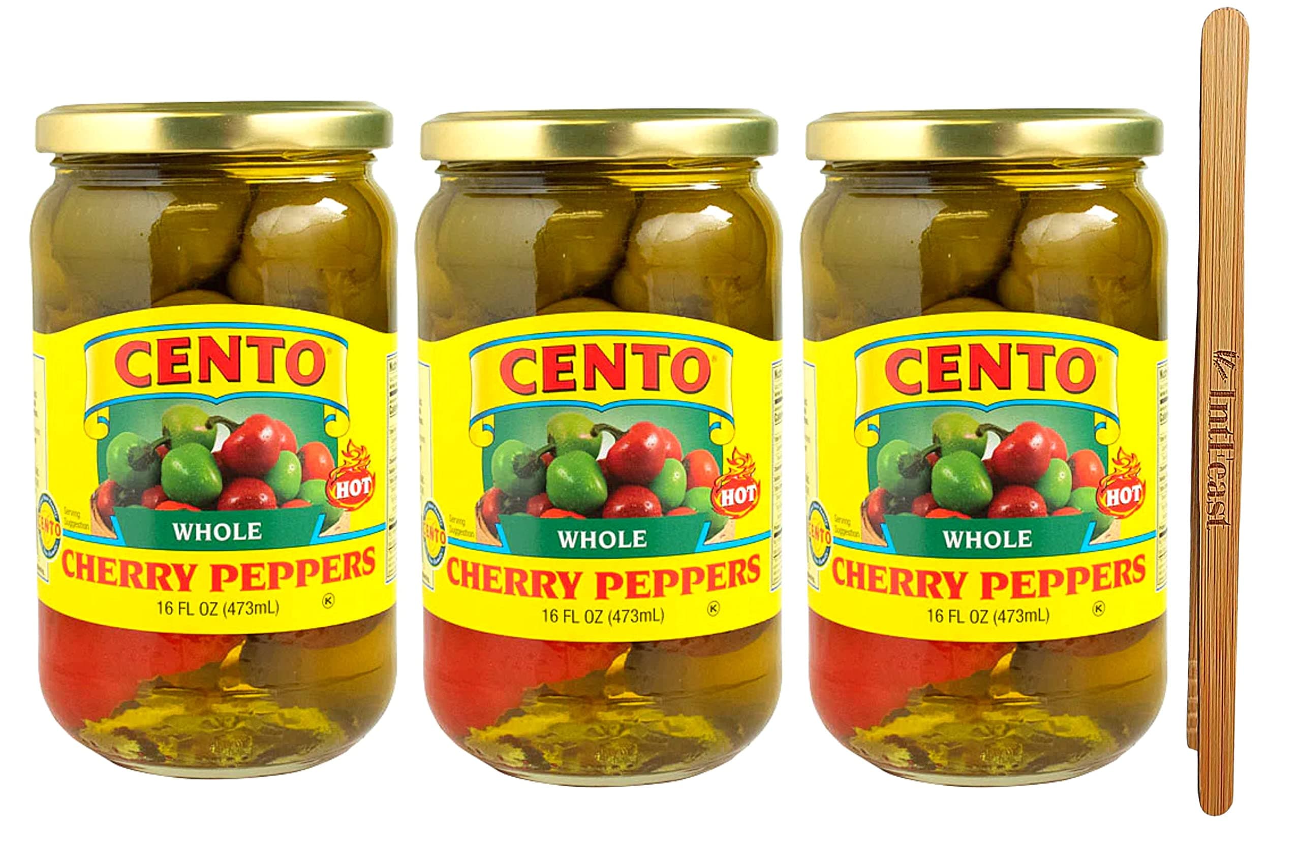 IntFeastCento Whole Hot Cherry Peppers, 16 fl oz (Pack of 3) with Bamboo Tong
