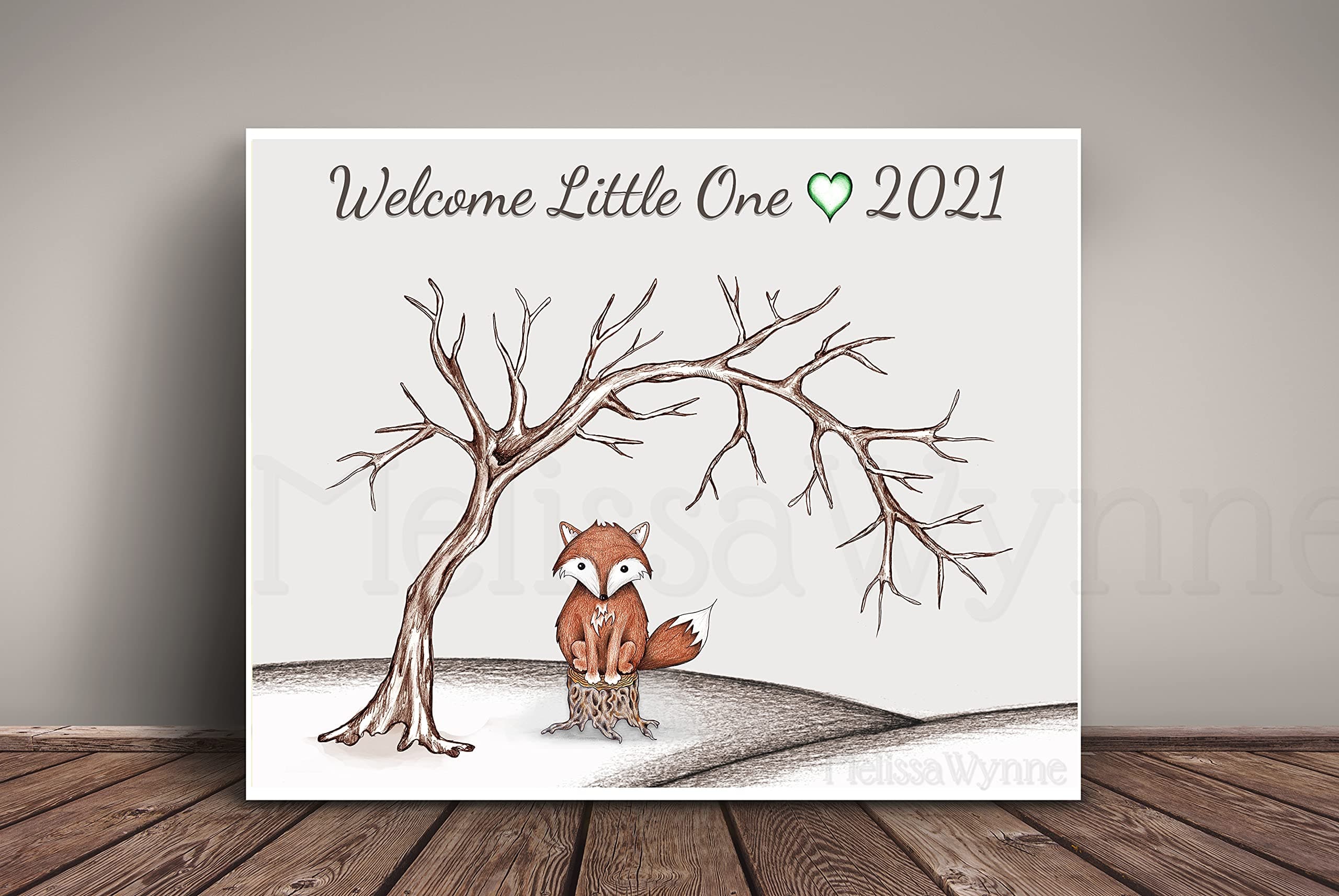 Woodland Fox on Stump Leaning Tree Thumbprint"Guest Book" alternative (Fine Art Print, nursery Art) Woodland Baby Shower - Fox Nursery