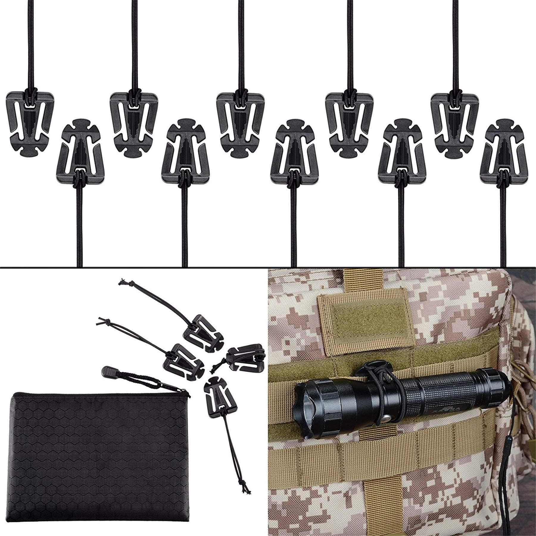 Pack of 10 Tactical Gear Clip Molle Web Dominators for Outdoor Hydration Tube Backpack Straps Management with Zippered Pouch by BOOSTEADY
