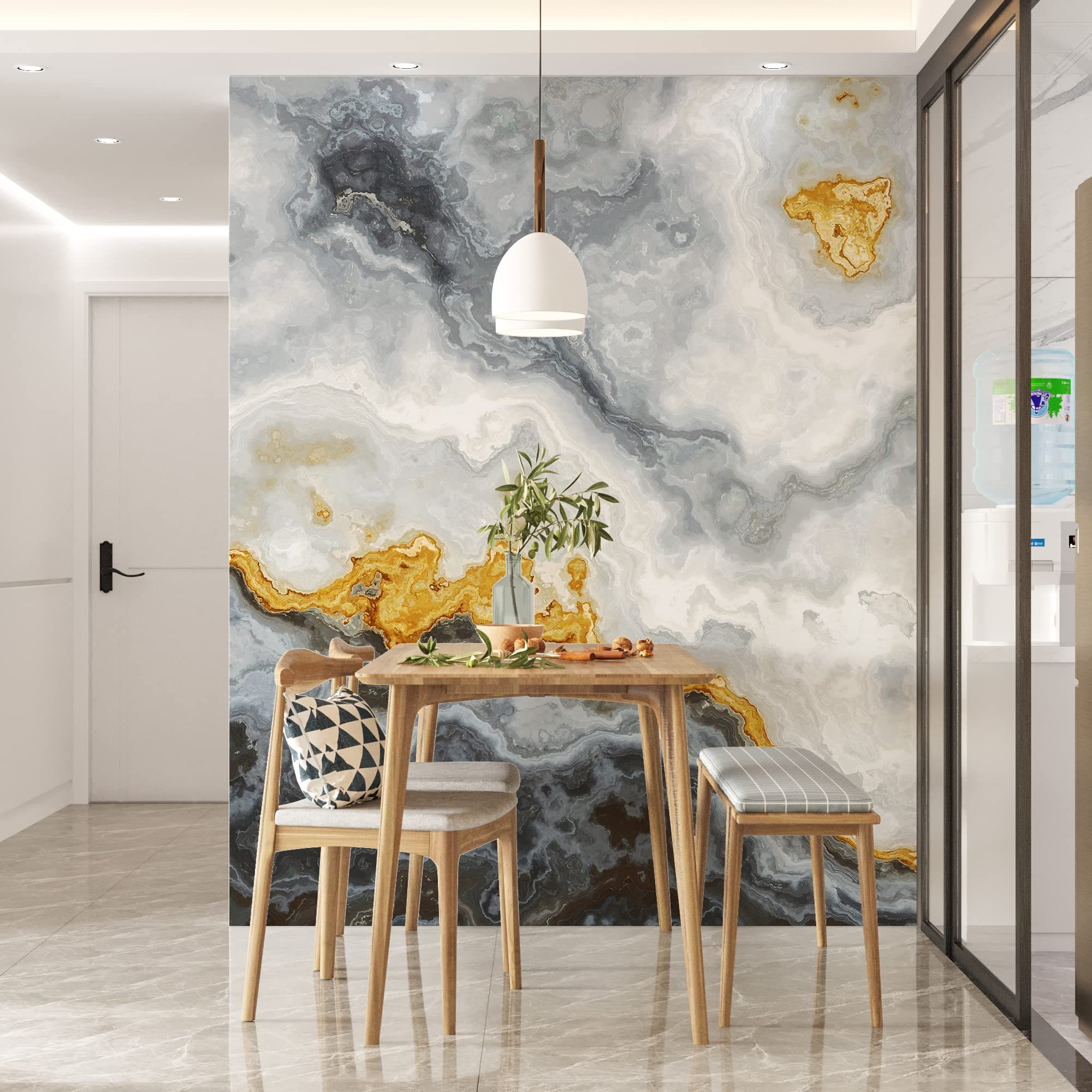 Gray and Gold Marble Stone Quartz Agate Peel and Stick Wallpaper Gold Splash Design | Removable Wall Mural. #6190. (9ft H X 12ft W)