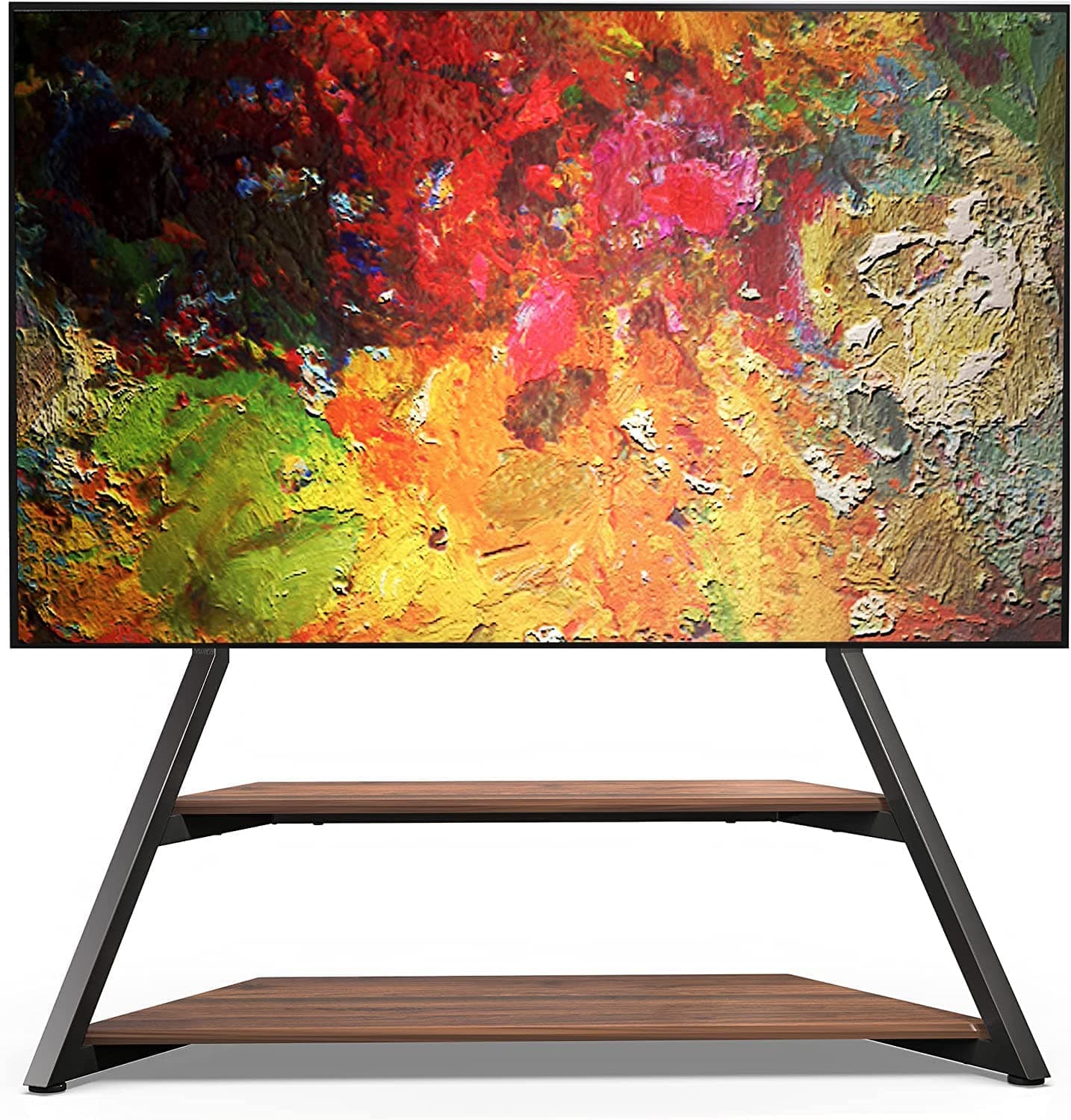 FITUEYES Design Corner Floor TV Stand for 75-100 Inch TV Heavy Duty TV Mount with Large Storage Wood Shelf Modern Entertainment Center, Up to 187 lbs, Eiffel Series