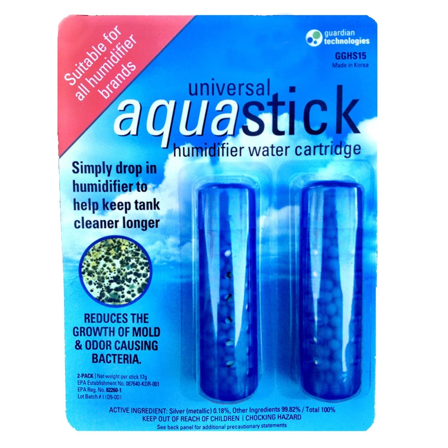 PureGuardian Aquastick, Universal, Genuine Guardian Technologies Antimicrobial Humidifier Treatment, Ultrasonic & Evaporative, Fits All Brands, Reduces Odors, 2 Count (One Pack of Two), GGHS15