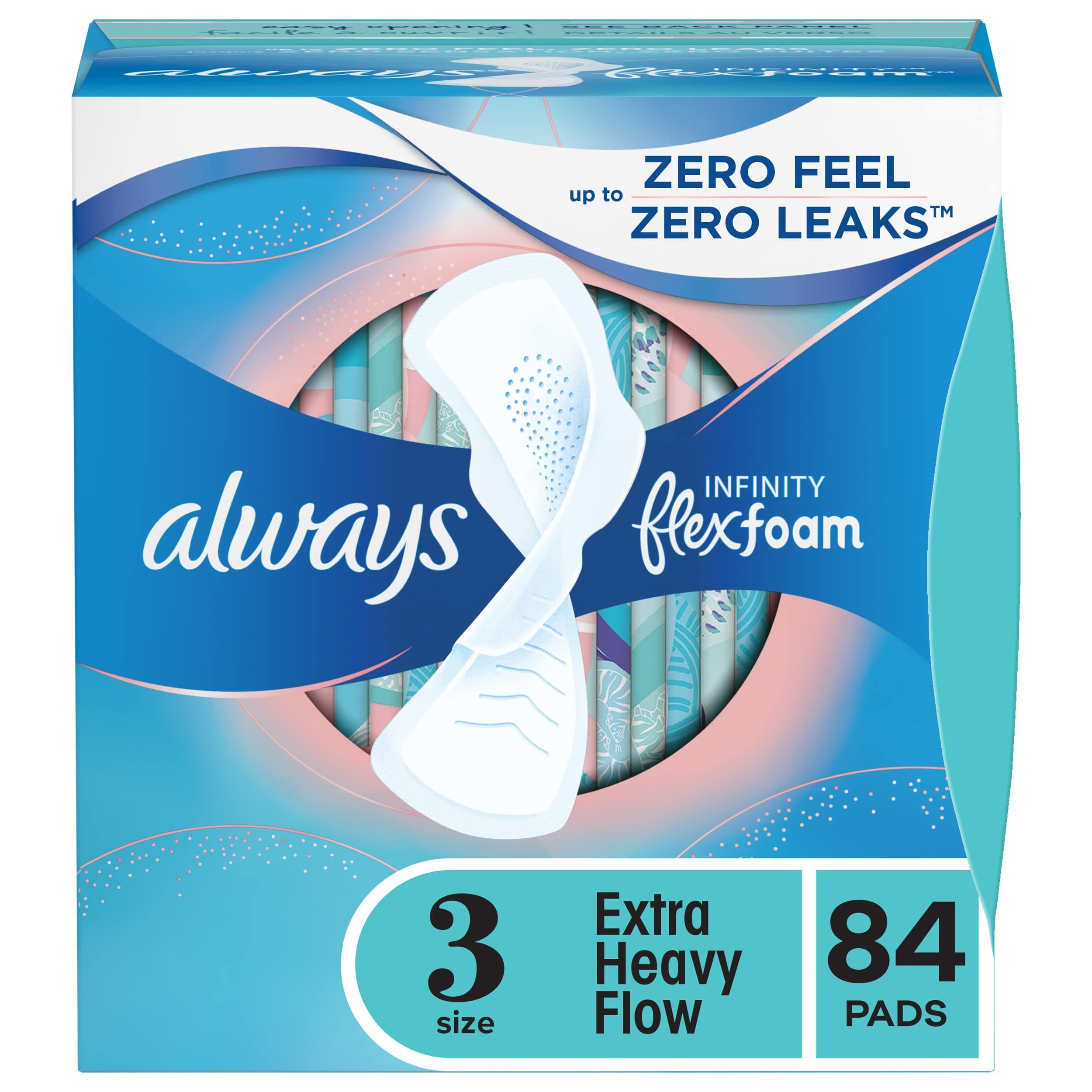 Always Infinity Feminine Pads for Women, Size 3, Extra Heavy Flow Absorbency, with Wings, Unscented, 28 Count, Pack of 3
